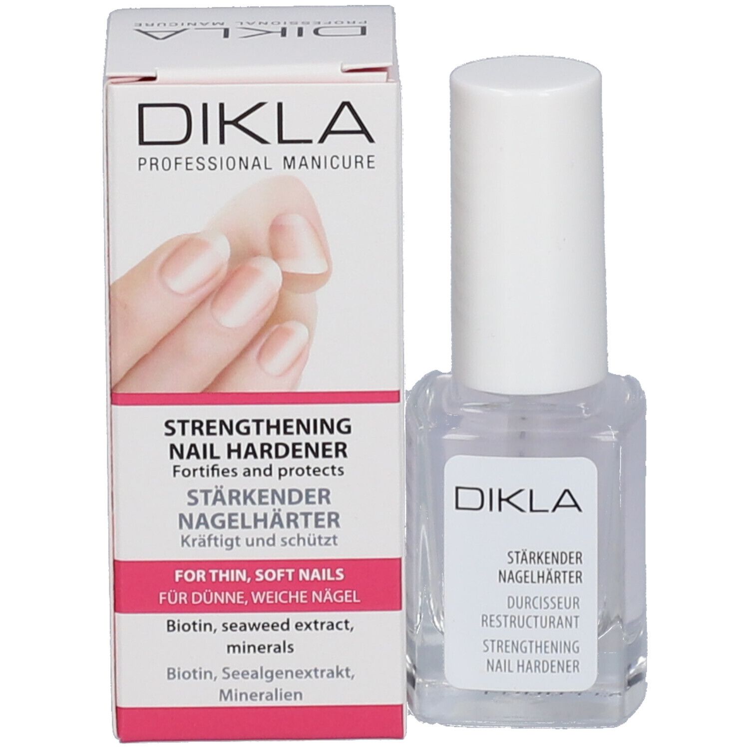 DIKLA Nail Hardener met verpakking. Fles met witte dop. Verpakking met productafbeelding en tekst.