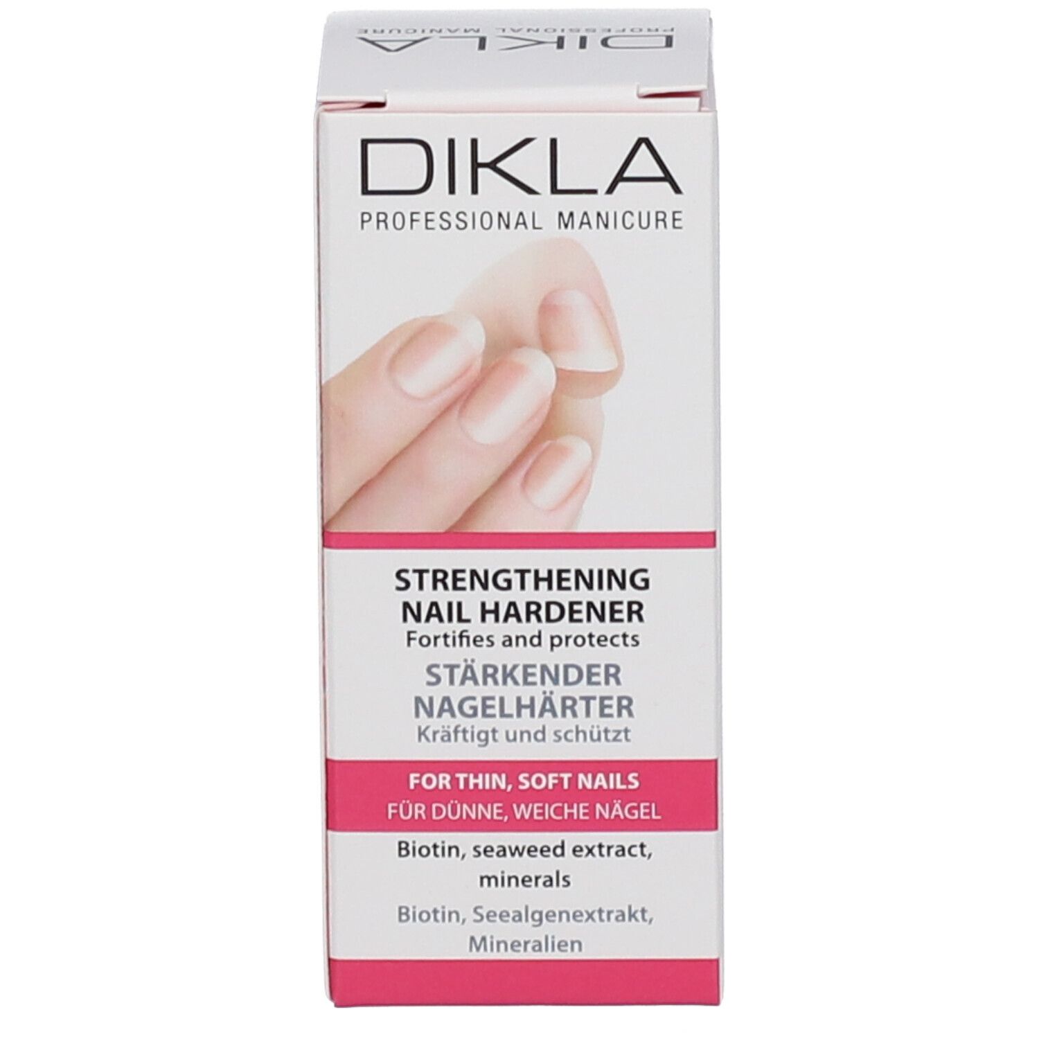 Verpakking van DIKLA Nail Hardener. Productafbeelding en tekst op de verpakking. Fles met witte dop.