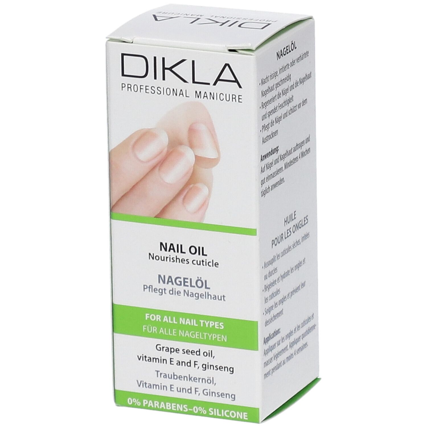 Emballage de DIKLA Nagelöl. Boîte blanche avec accents verts. Inscription : Huile pour ongles, ingrédients, 0% parabènes, 0% silicone. Image d'une main.