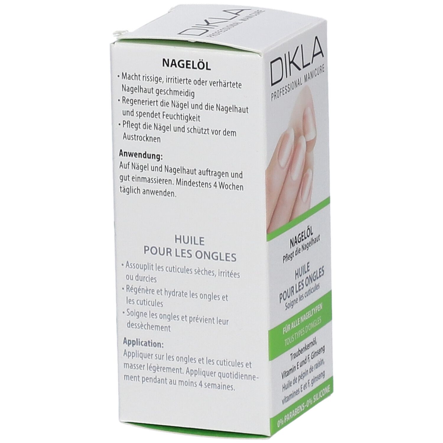 Emballage de DIKLA Nagelöl. Vue latérale avec informations sur le produit et instructions d'utilisation. Boîte blanche avec accents verts. Image d'une main.