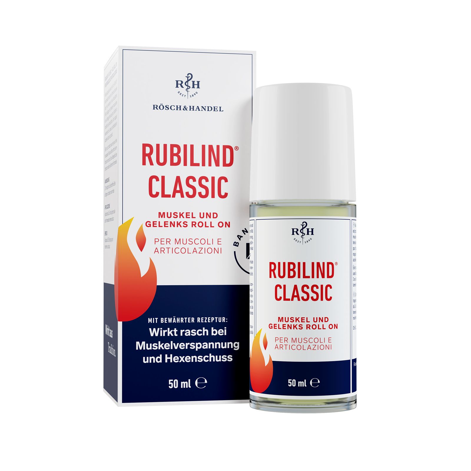 Roll-on RUBILIND® CLASSIC et emballage. Flacon blanc avec applicateur roll-on et boîte. Texte rouge et blanc.