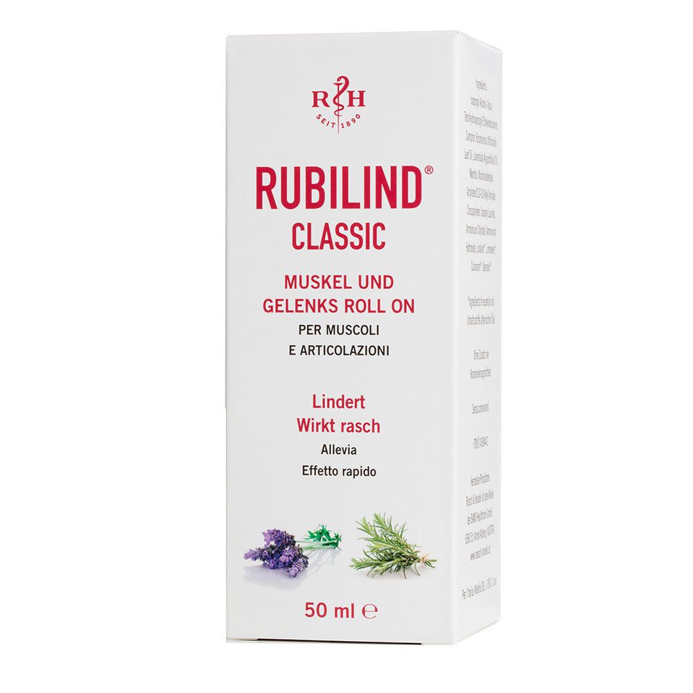 Emballage de RUBILIND® CLASSIC. Boîte blanche avec texte rouge. Contient le nom du produit et des informations.