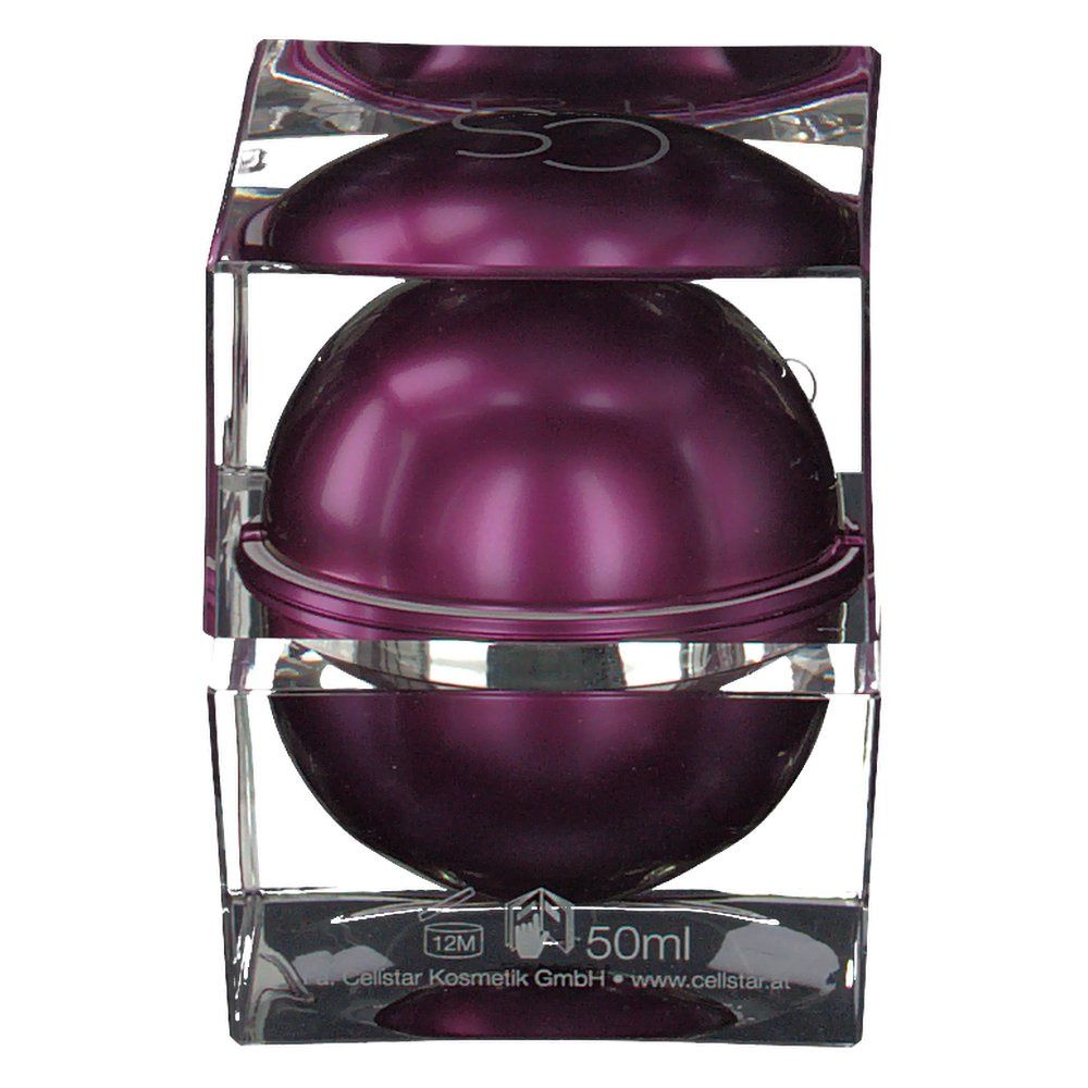 Crème lifting dans un cube transparent. La crème est emballée dans une sphère violette. 50ml.
