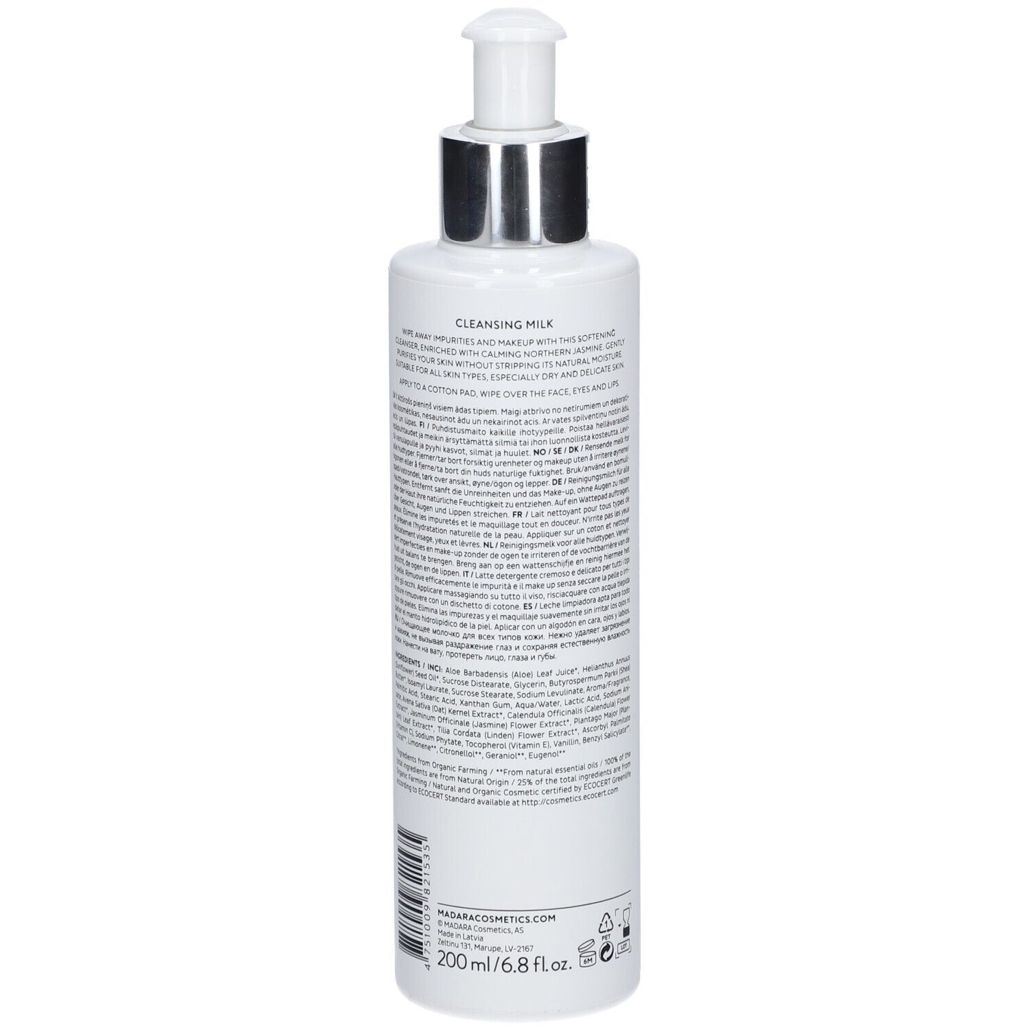 Witte fles met pomp. Achterkant met tekst. Productnaam: Cleansing Milk. Inhoud: 200 ml.