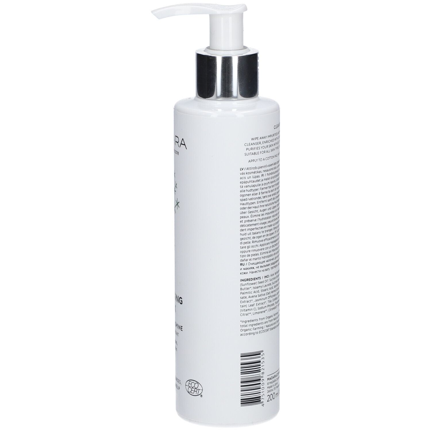 Witte fles met pomp. Tekst op de zijkant. Zilveren pompkop. Productnaam: Cleansing Milk.