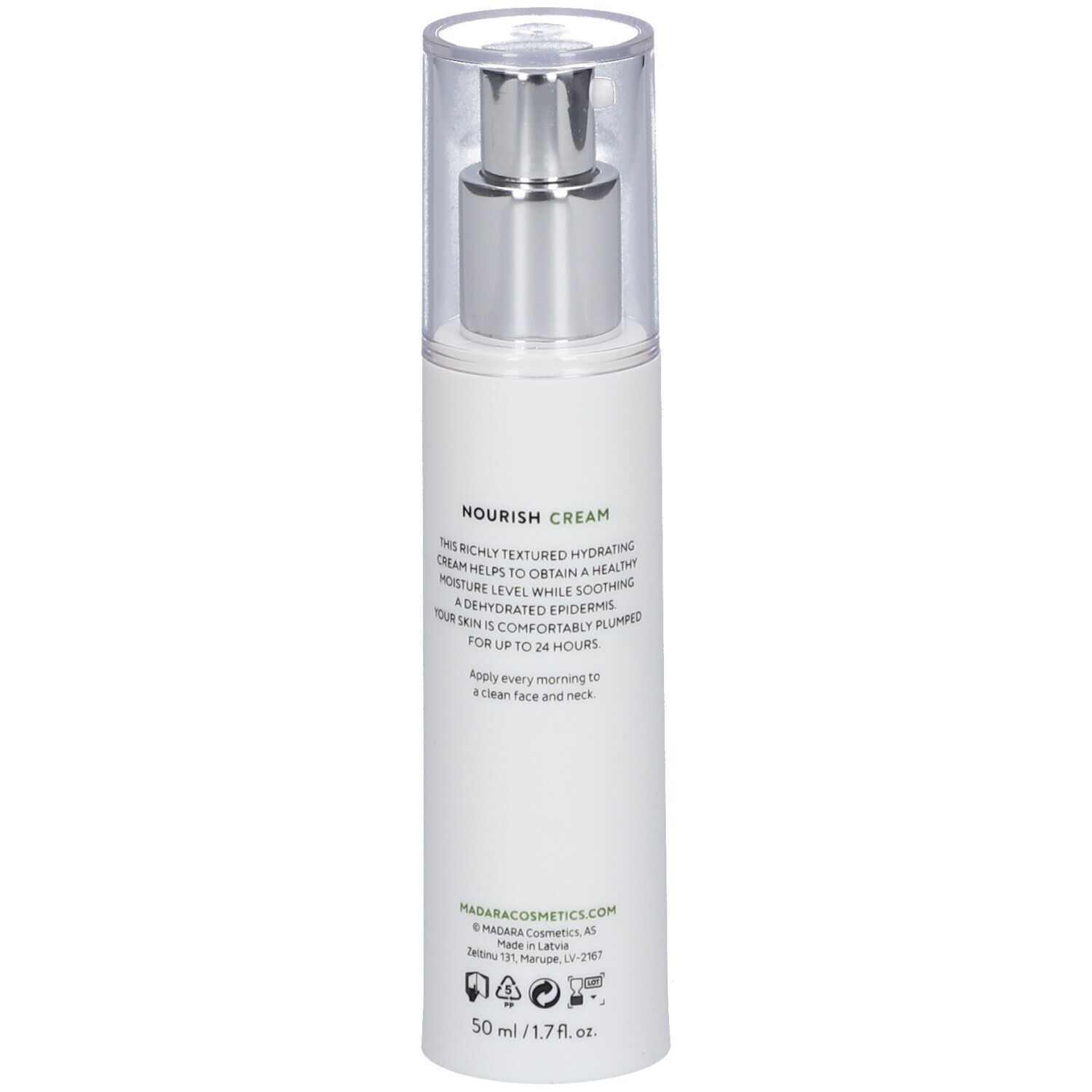 Achterkant witte fles MÁDARA Deep Moisture-Creme. Tekst met ingrediënten en logo.