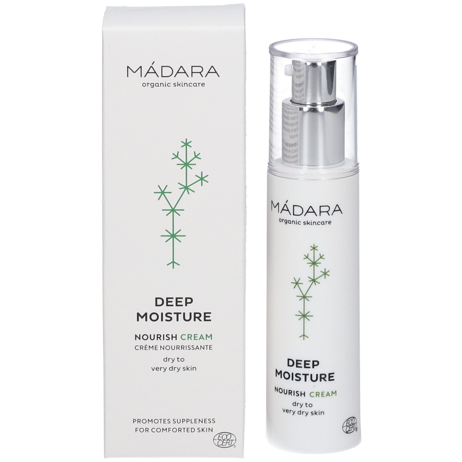 MÁDARA Deep Moisture-Creme met verpakking. Witte fles en doos. Groen logo en tekst.