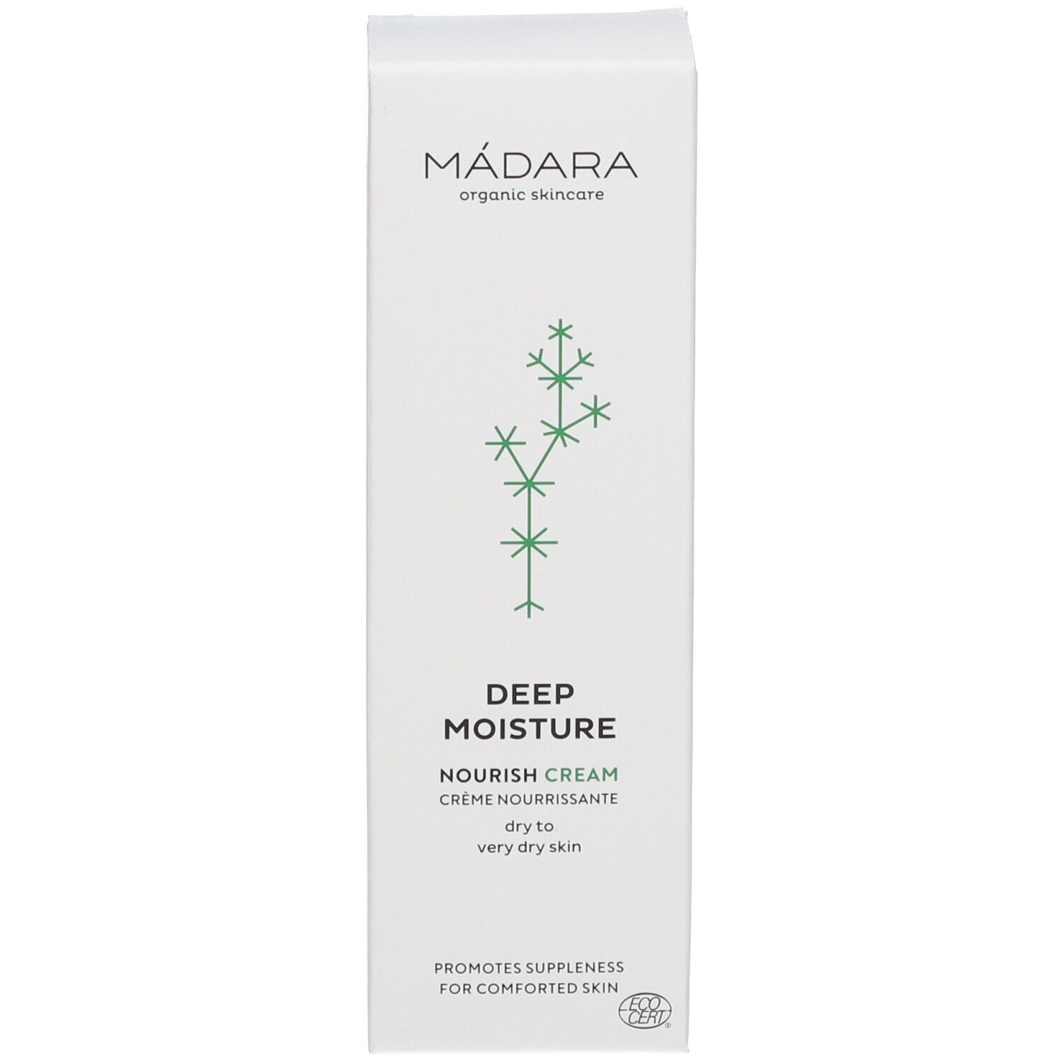 Witte verpakking voor MÁDARA Deep Moisture-Creme. Groen logo en tekst. Tekst: Crème Nourrissante.