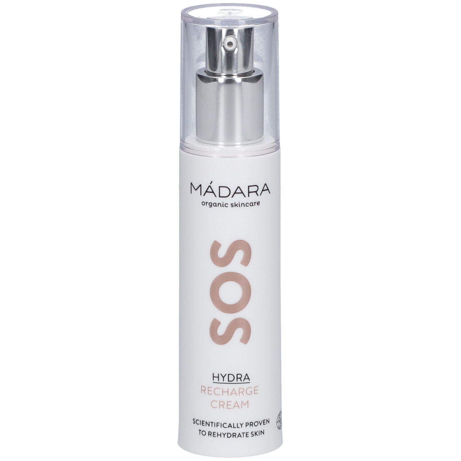 MÁDARA SOS hydraterende crème. Witte fles met zilveren pomp en transparante dop. Tekst: SOS, HYDRA RECHARGE CREAM.