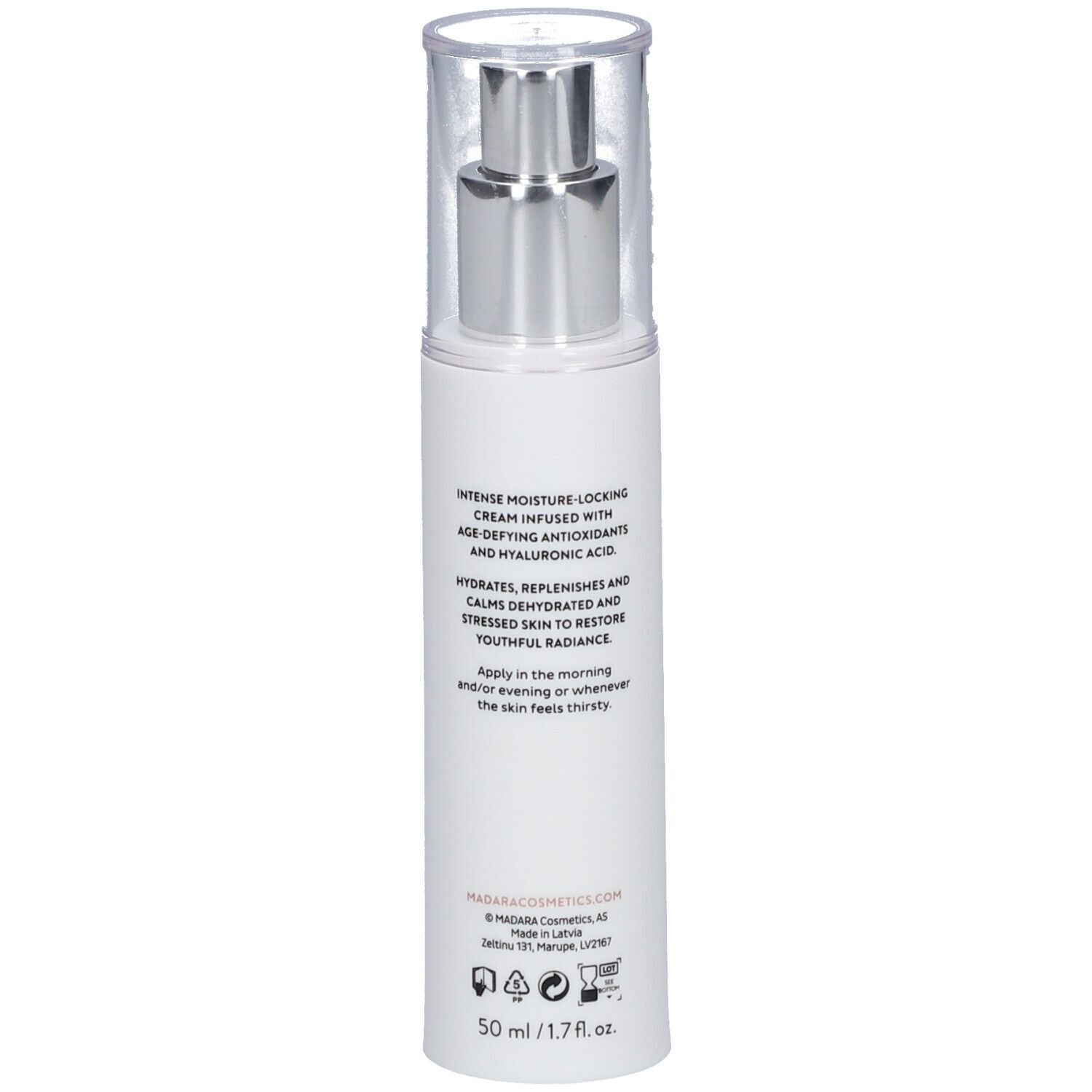 MÁDARA SOS hydraterende crème. Witte fles met zilveren pomp. Productinformatie op de achterkant. Tekst: 50 ml / 1,7 fl.oz.