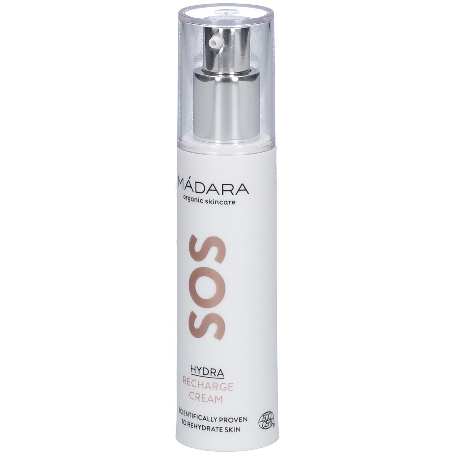 MÁDARA SOS hydraterende crème. Witte fles met zilveren pomp en transparante dop. Tekst: SOS, HYDRA RECHARGE CREAM.