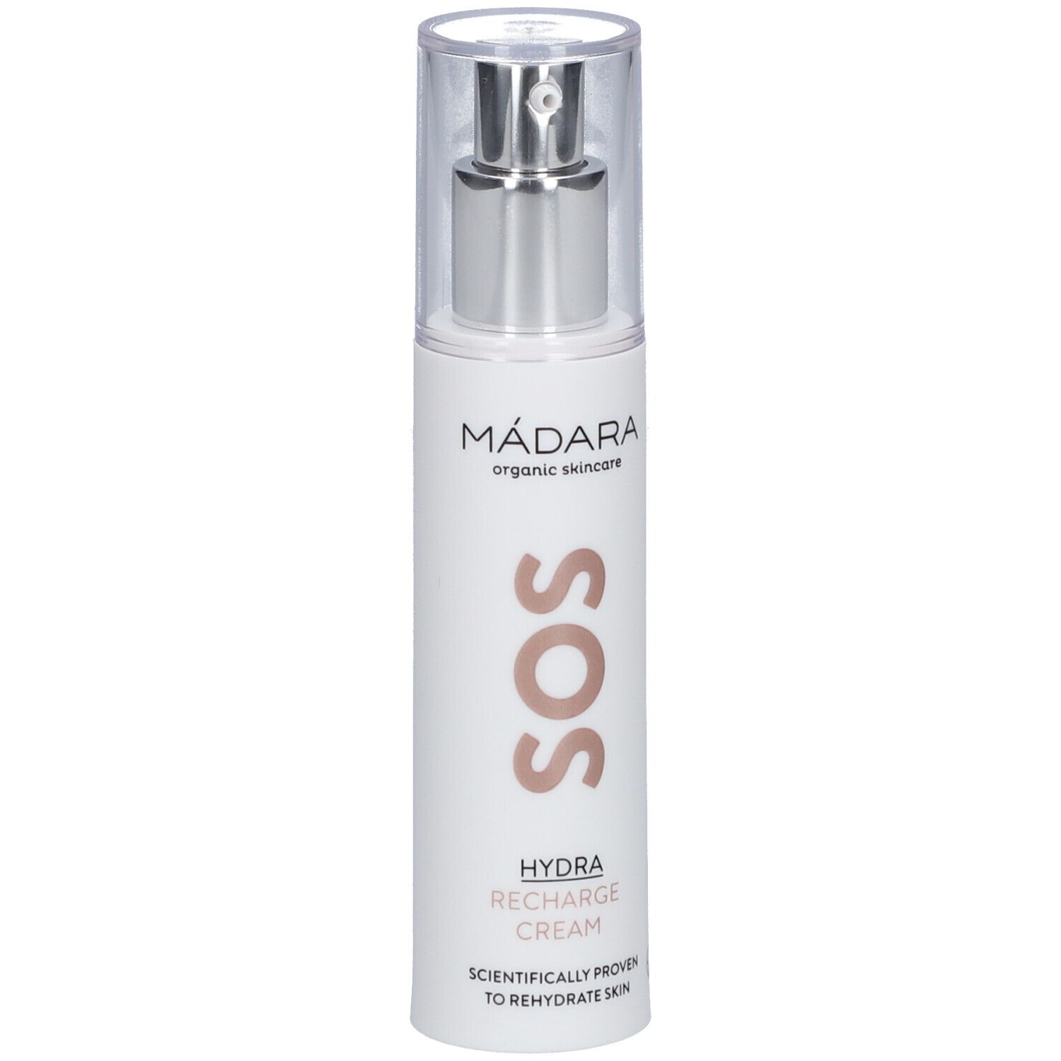 MÁDARA SOS hydraterende crème. Witte fles met zilveren pomp en transparante dop. Tekst: SOS, HYDRA RECHARGE CREAM.