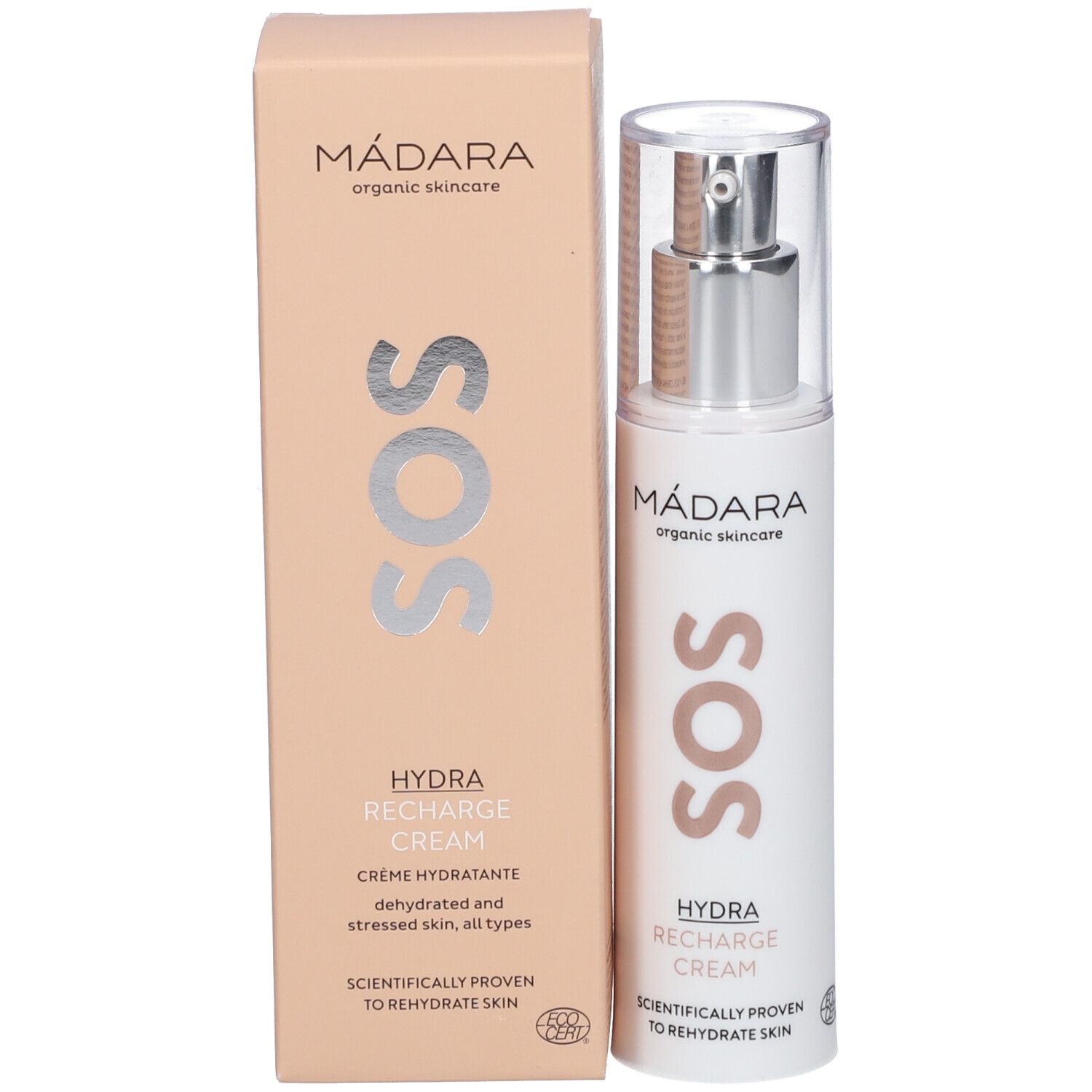 MÁDARA SOS hydraterende crème en verpakking. Witte fles met pomp naast een beige doos. Tekst: SOS, HYDRA RECHARGE CREAM.