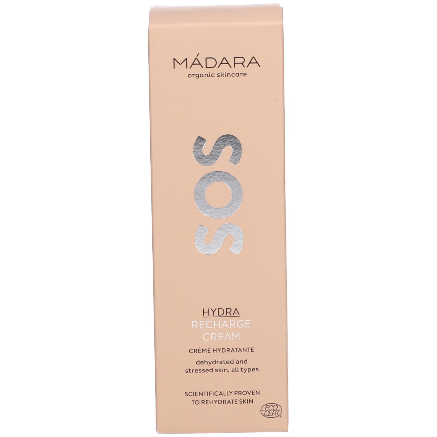 Verpakking MÁDARA SOS hydraterende crème. Beige doos met tekst: SOS, HYDRA RECHARGE CREAM.