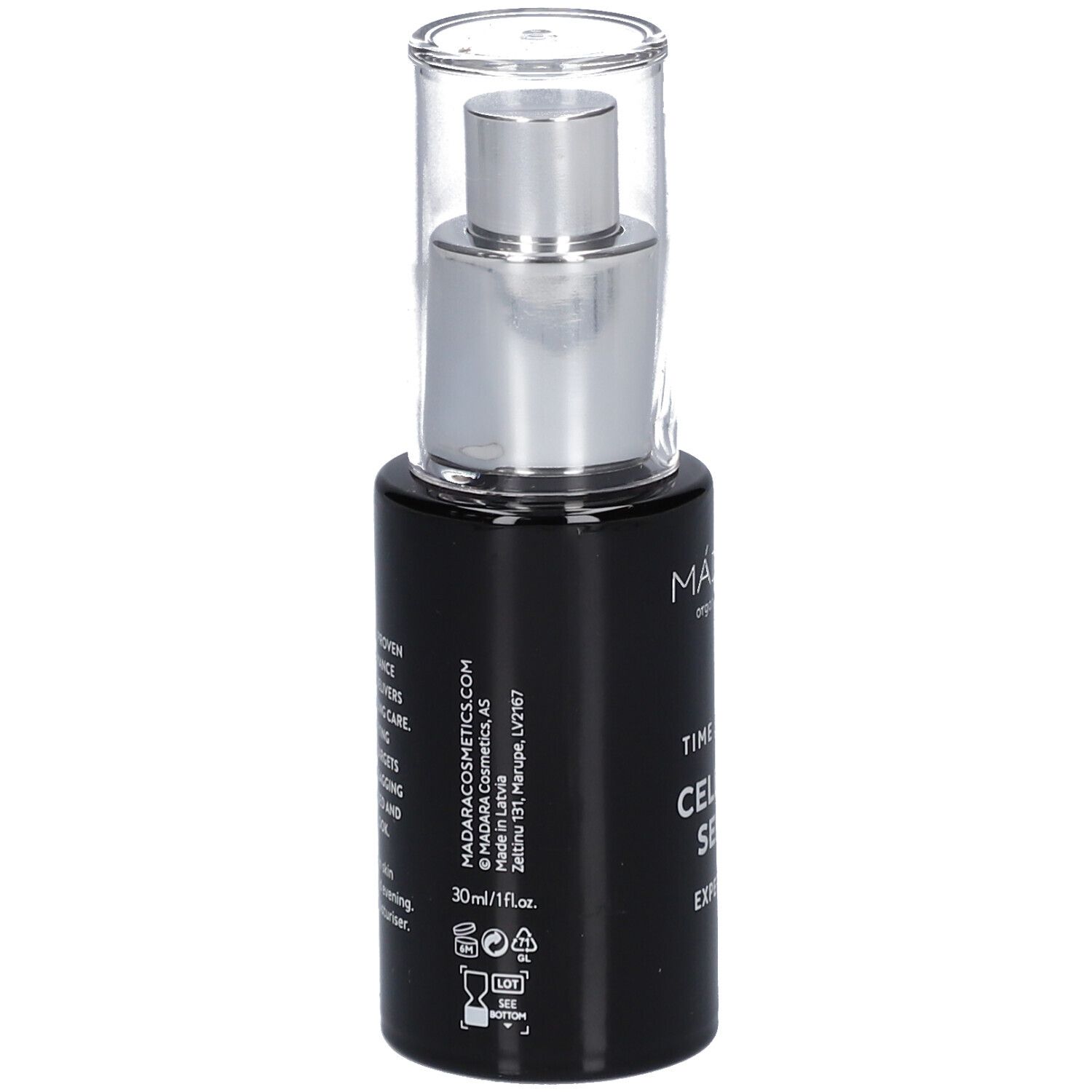 Zwarte fles met zilveren pomp. Opschrift: MÁDARA Cosmetics, 30ml/1 fl.oz. Recycling- en houdbaarheidslogo's.