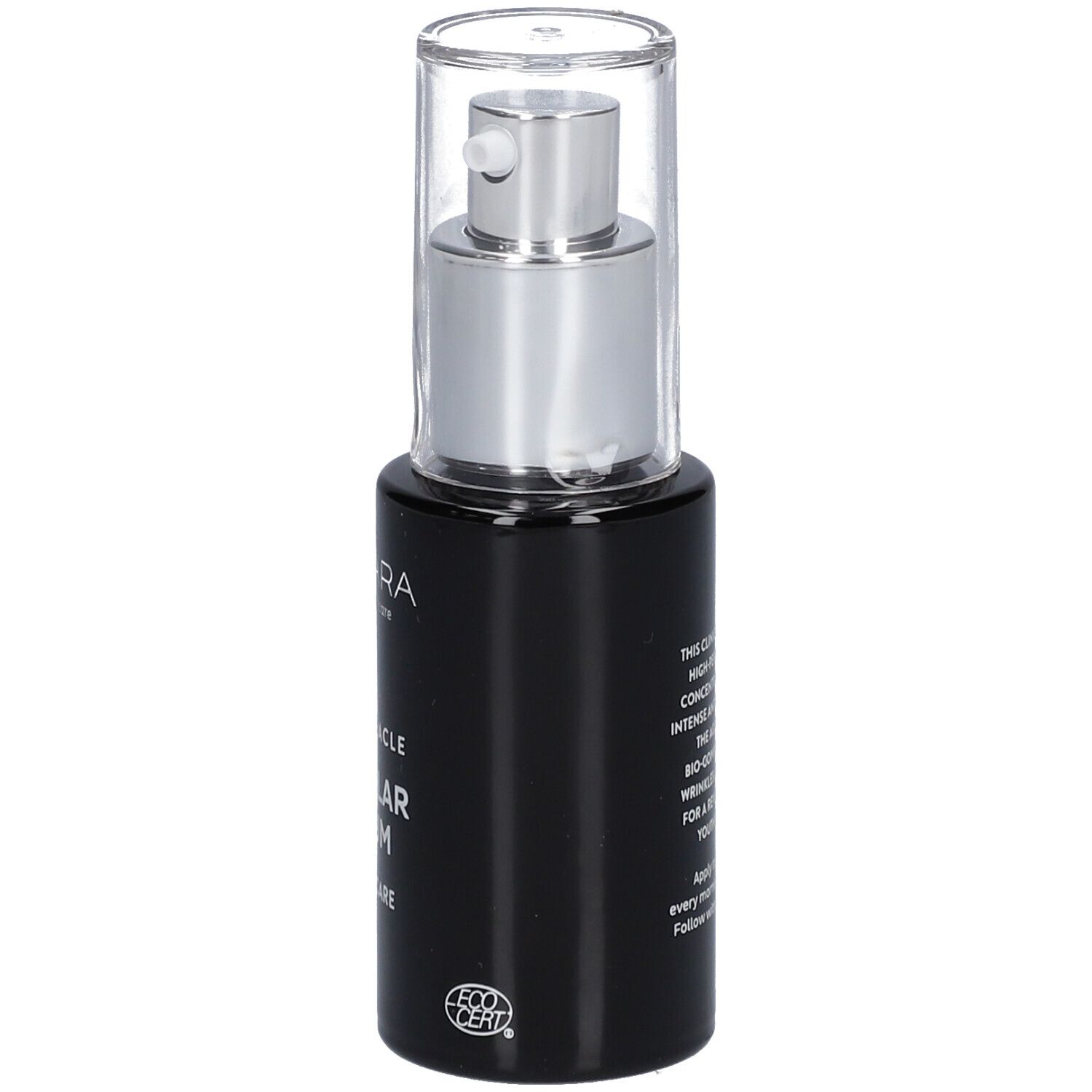 Zwarte fles met zilveren pomp. Opschrift: MÁDARA, Time Miracle Cellular Serum, Expert Care. ECOCERT-logo.