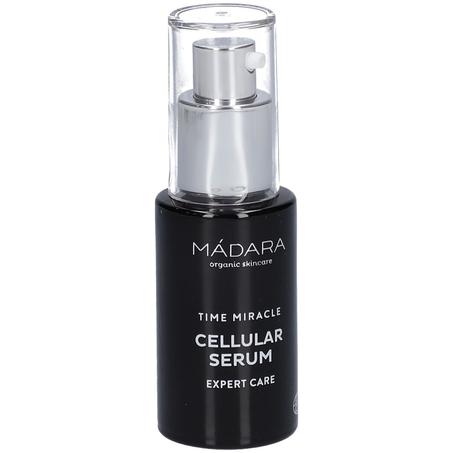 Zwarte fles met zilveren pomp. Opschrift: MÁDARA, Time Miracle Cellular Serum, Expert Care. ECOCERT-logo.
