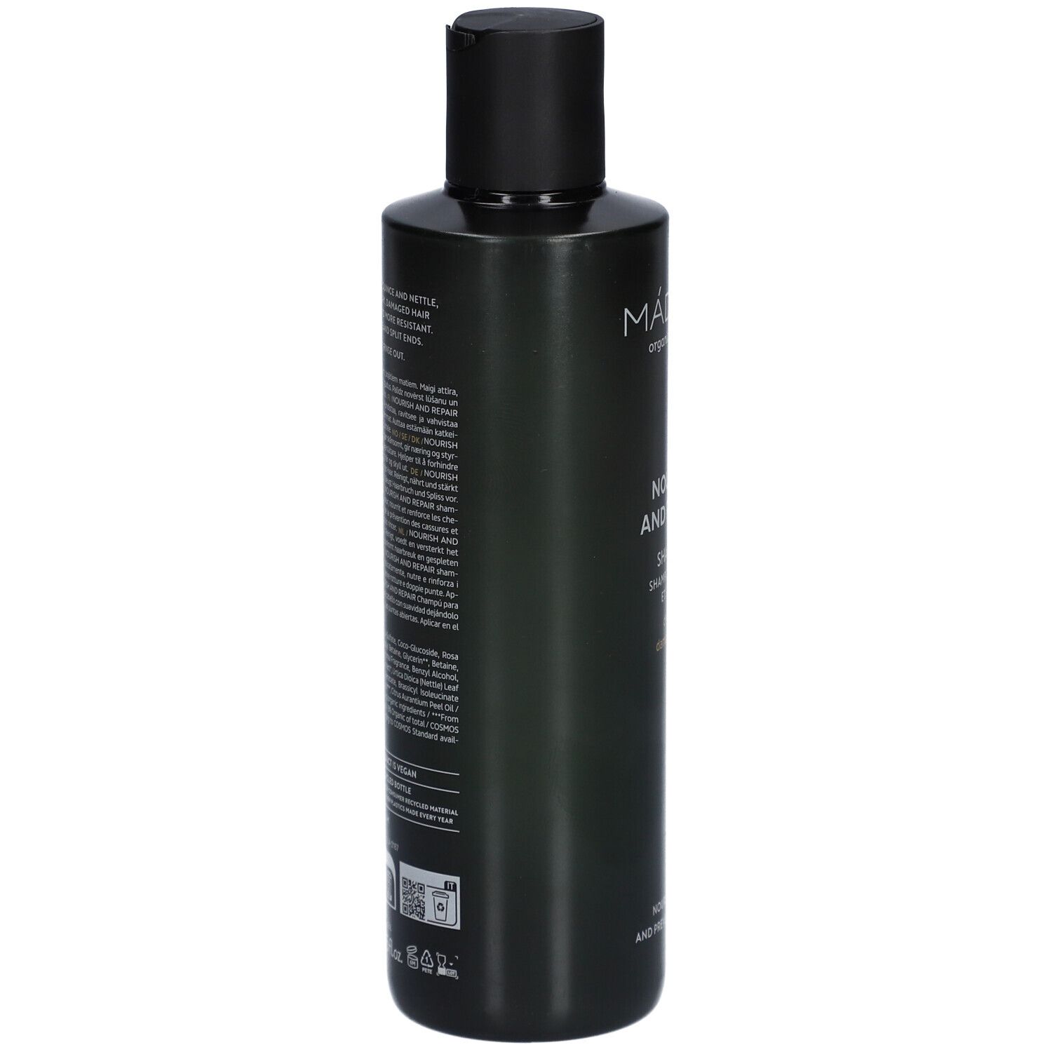 Achterkant van een donkergroene fles. Tekst in meerdere talen. QR-code en logo's. Zwarte dop.