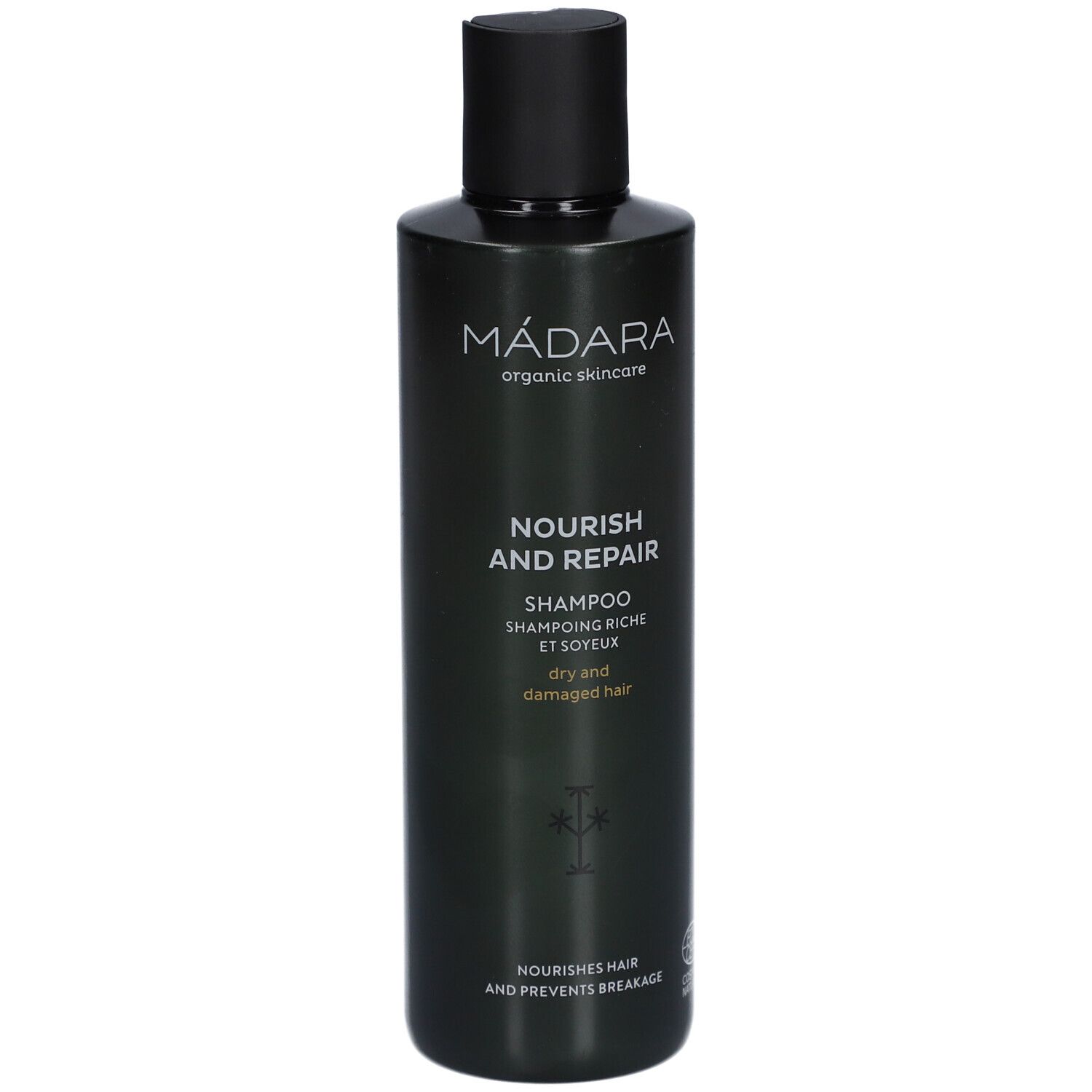 Donkergroene fles met zwarte dop. Opschrift: MÁDARA, Nourish and Repair Shampoo. Voor droog, beschadigd haar.
