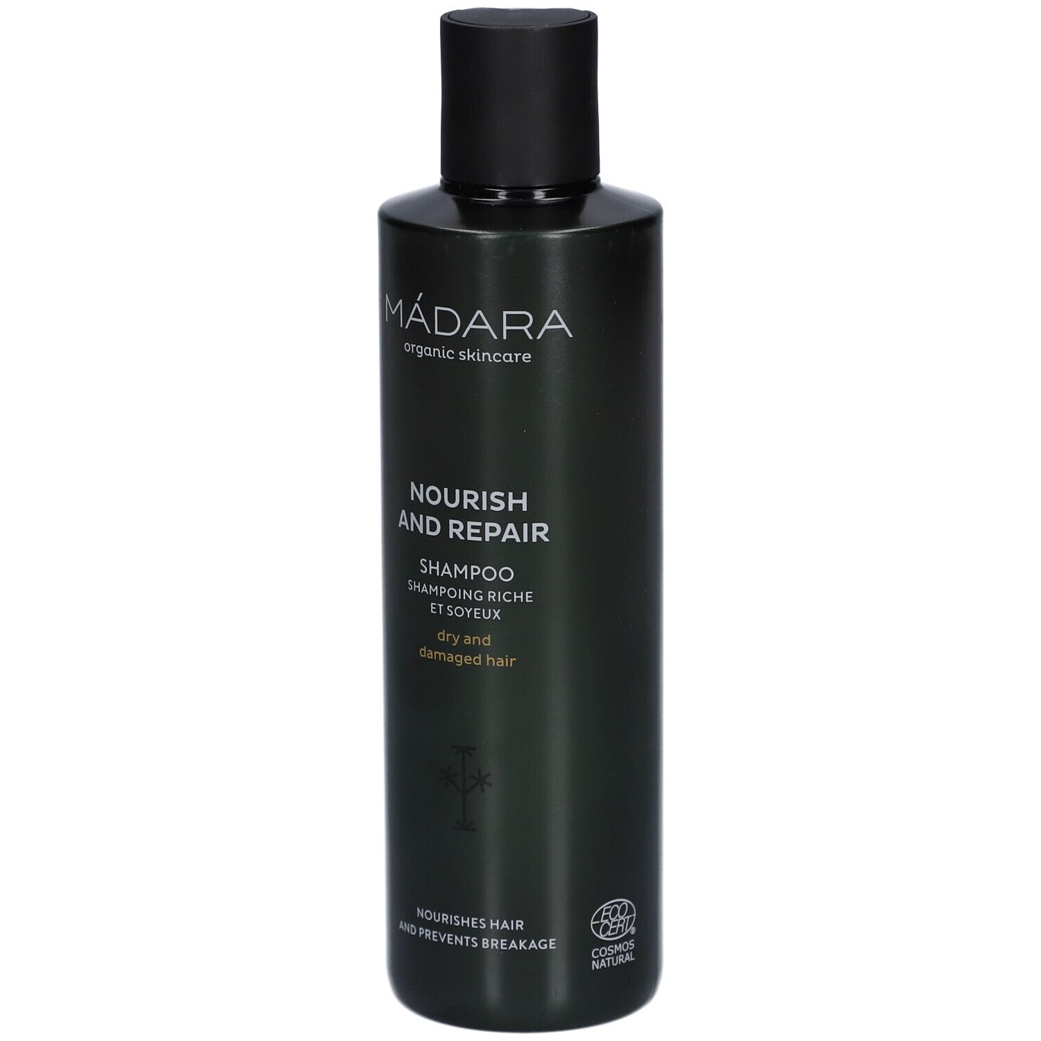 Donkergroene fles met zwarte dop. Opschrift: MÁDARA, Nourish and Repair Shampoo. Cosmos Natural logo.