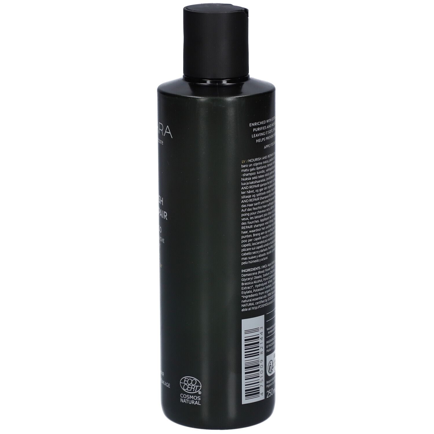 Achterkant van een donkergroene fles. Tekst, logo's en QR-code. Zwarte dop. Cosmos Natural logo.