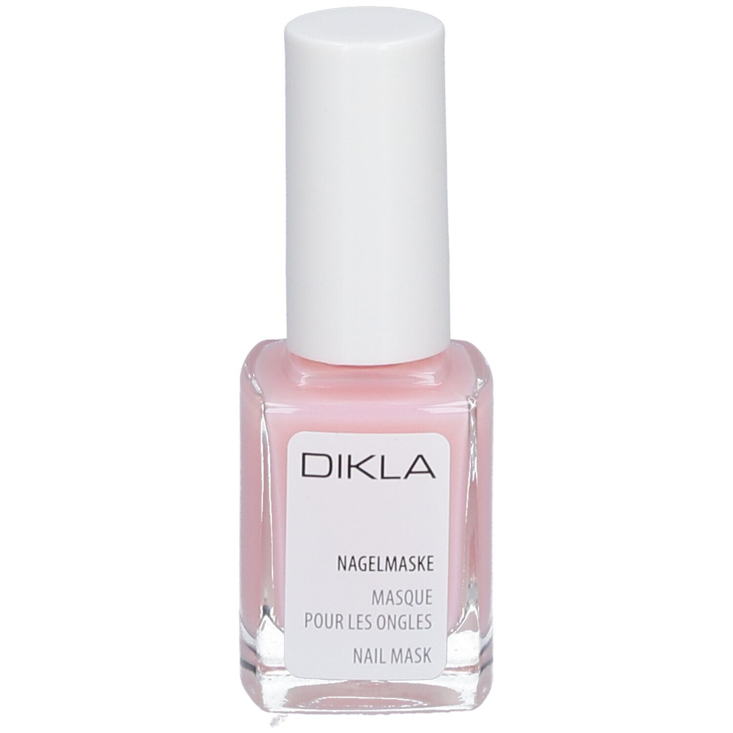 Masque pour ongles en flacon carré en verre avec bouchon blanc. Étiquette avec nom de produit et de marque.