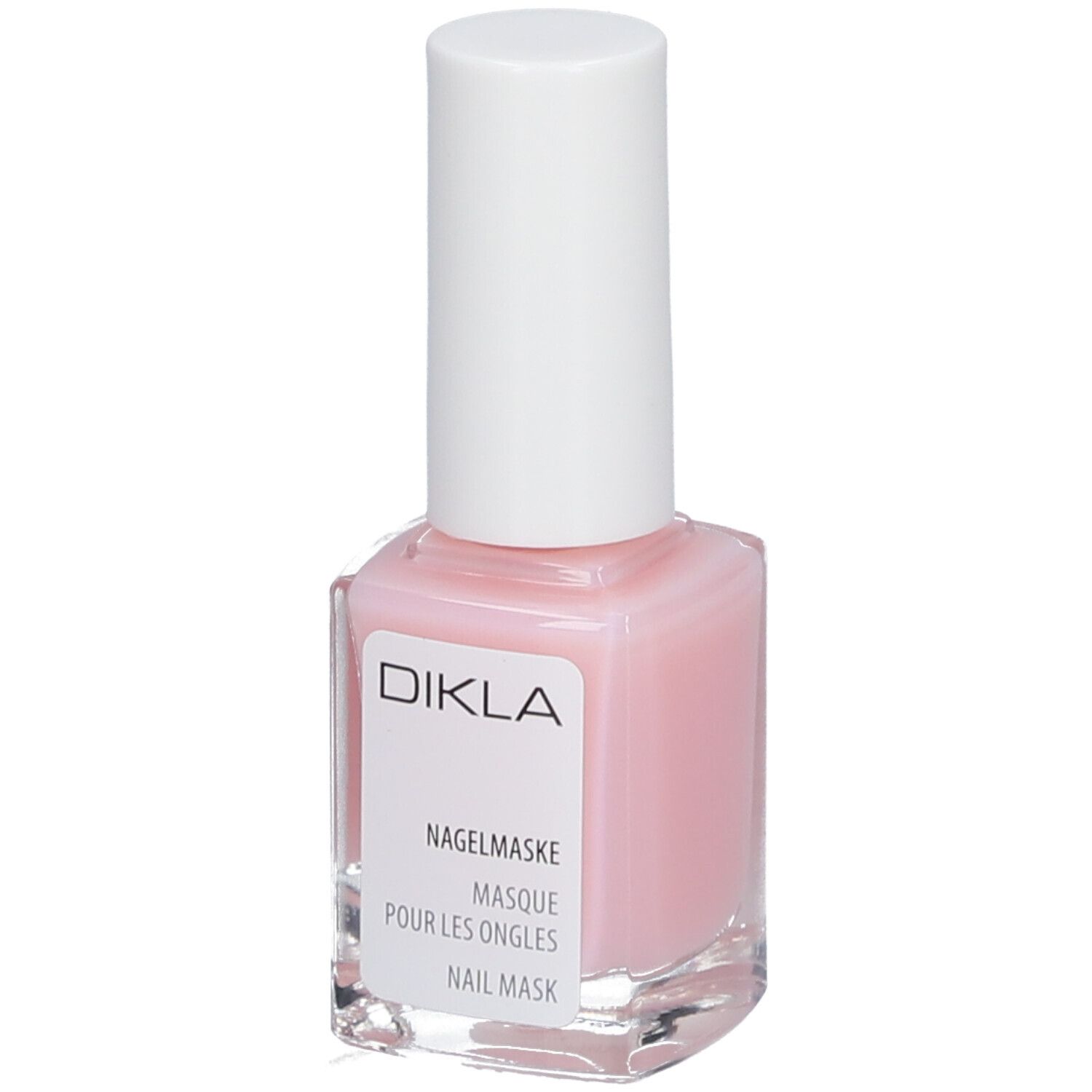 Masque pour ongles en flacon carré en verre avec bouchon blanc. Étiquette avec nom de produit et de marque.