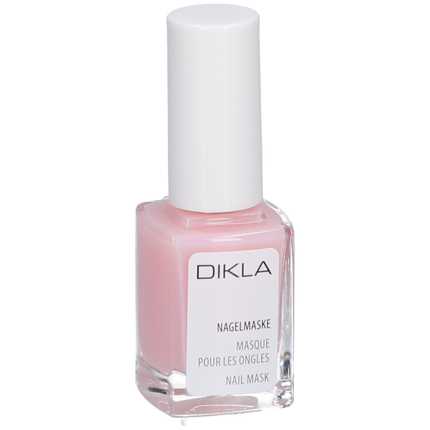 Masque pour ongles en flacon carré en verre avec bouchon blanc. Étiquette avec nom de produit et de marque.