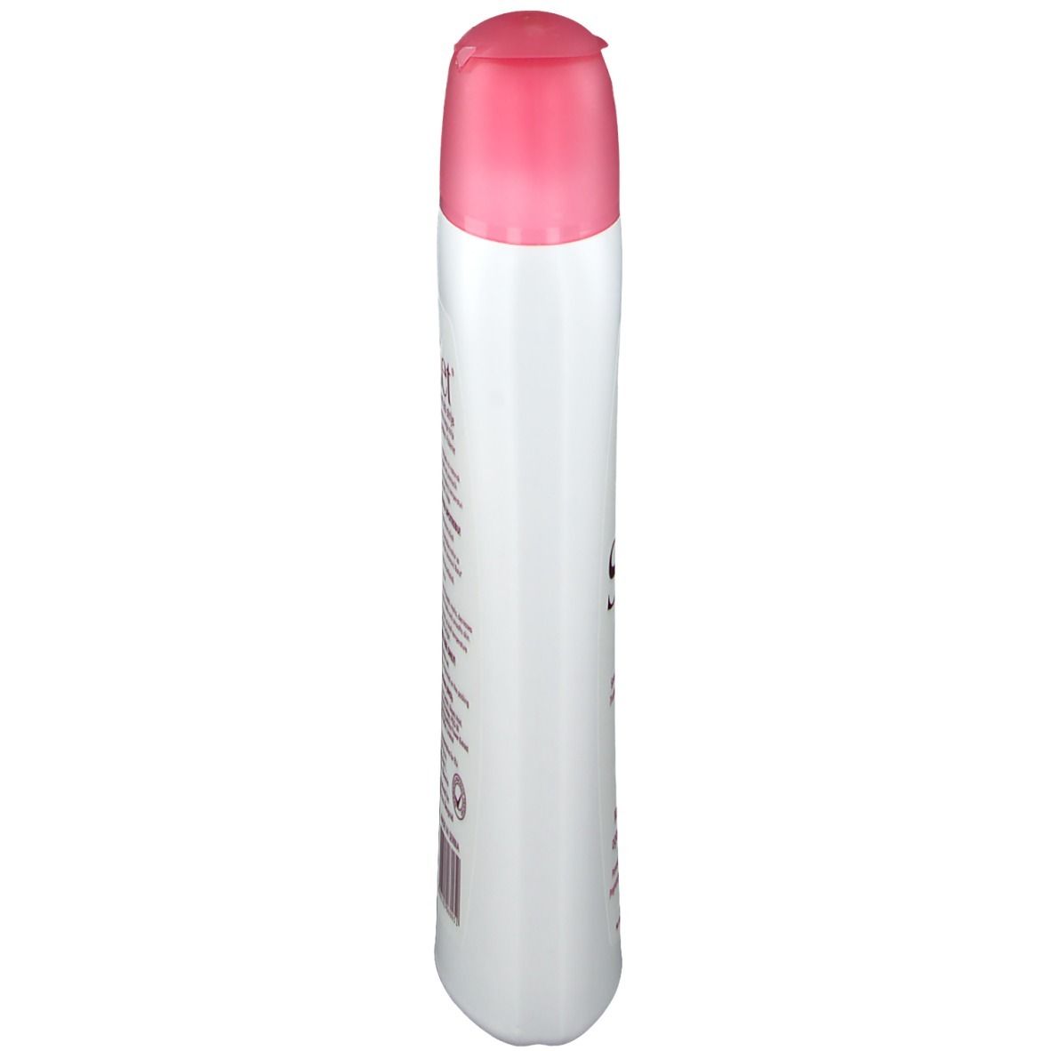 Flacon blanc avec bouchon rose. Vue du produit de dessus.