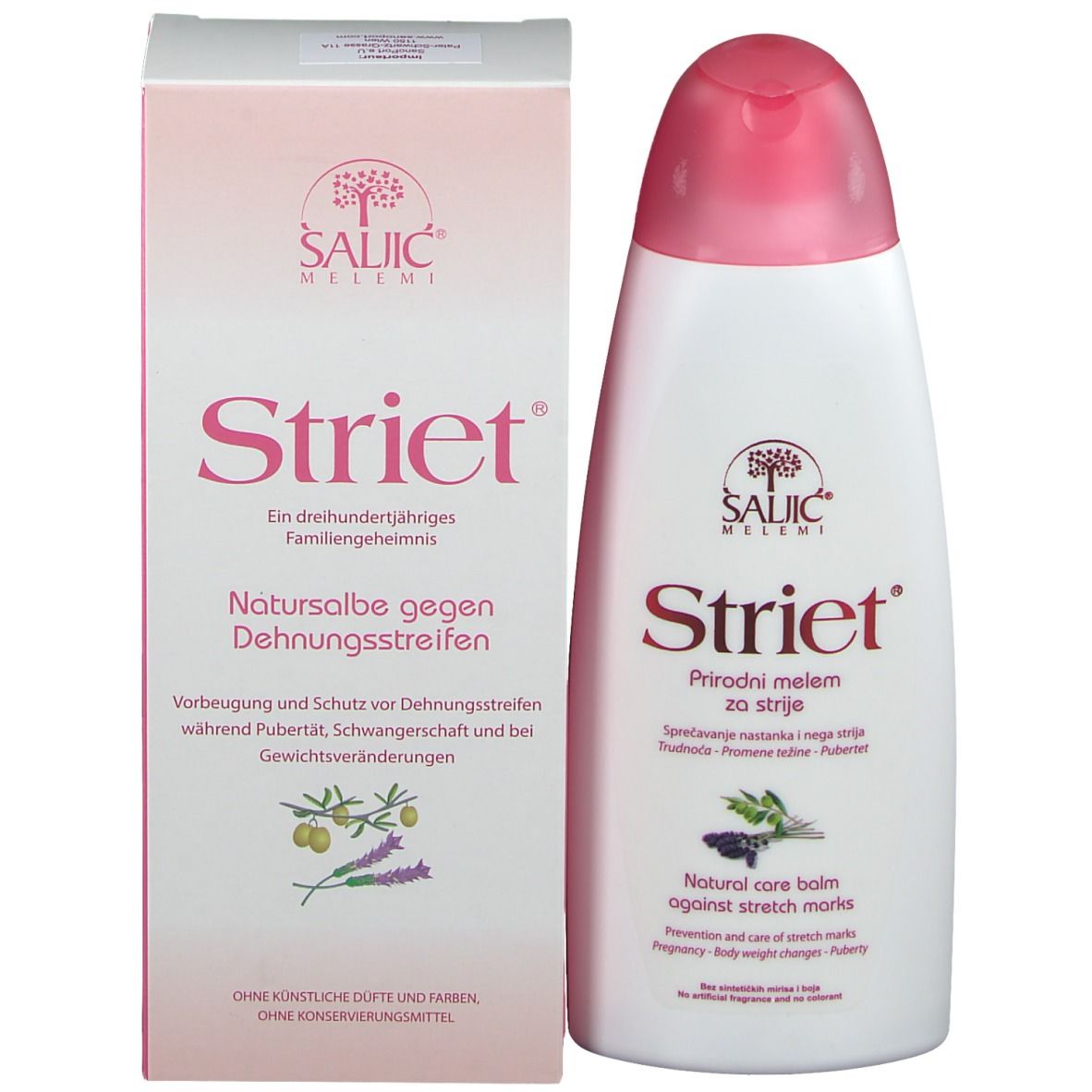 Emballage et flacon du produit. Inscription Striet, pommade naturelle contre les vergetures.
