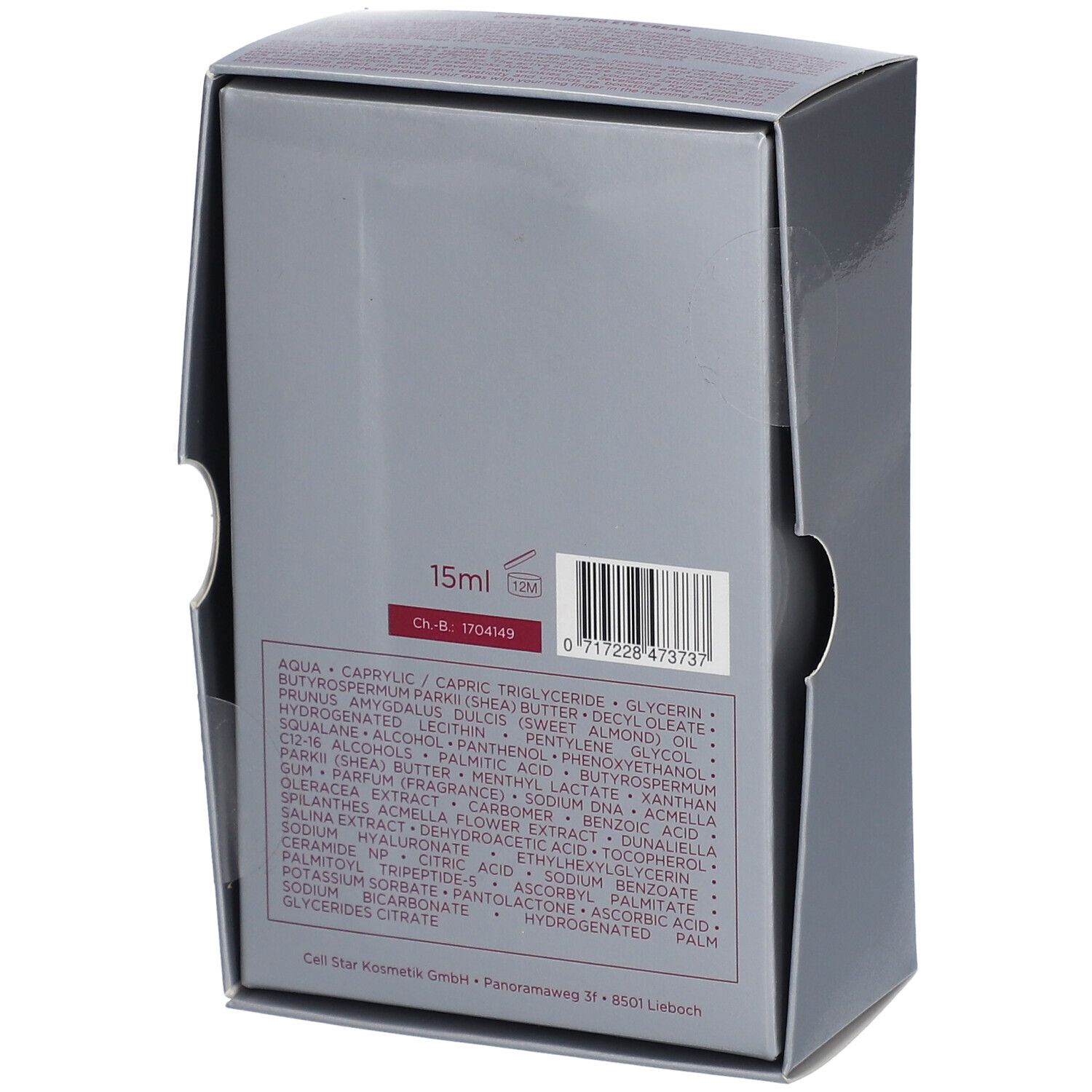 Achterkant verpakking. Ingrediënten, barcode en 15ml aanduiding.