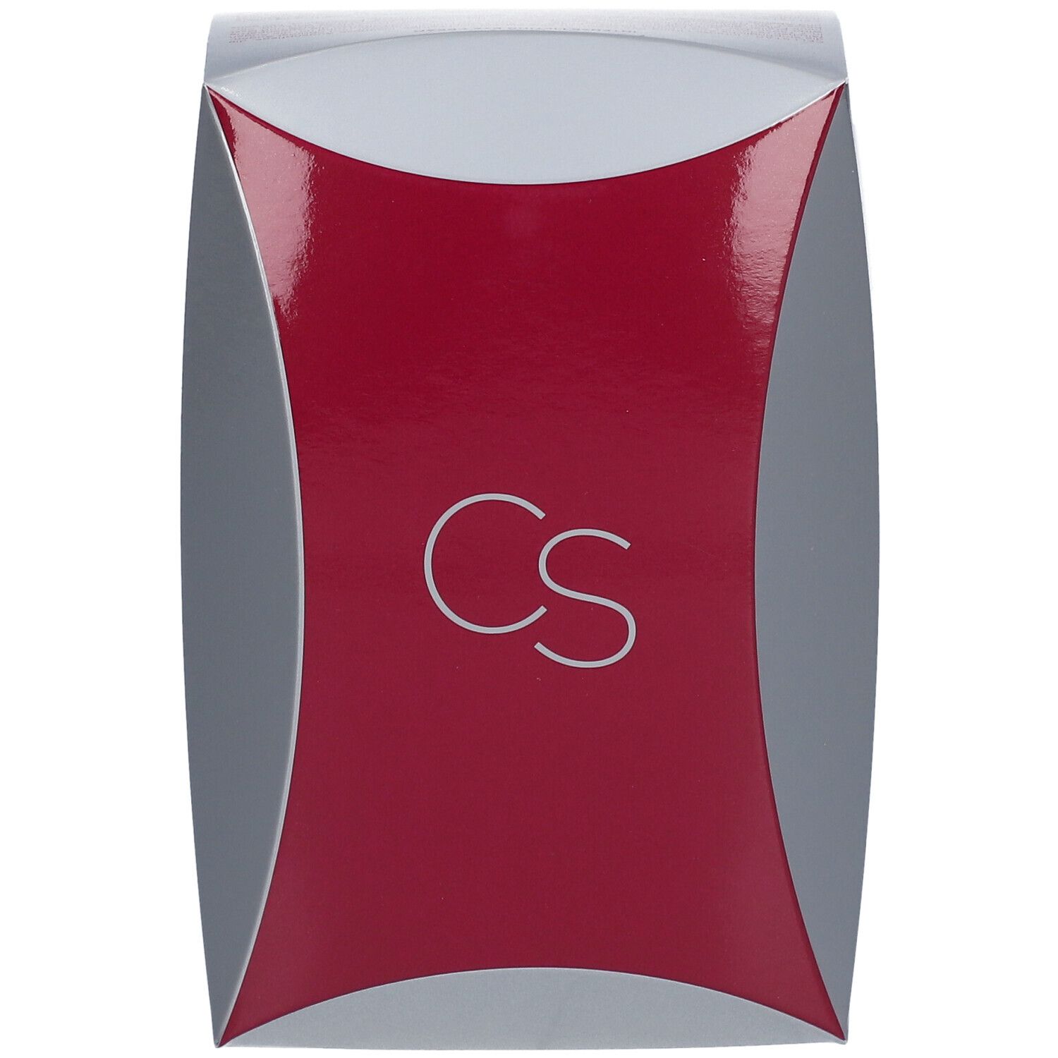 Bovenaanzicht van de verpakking. Grijs, rood en zilver. "CS" logo.
