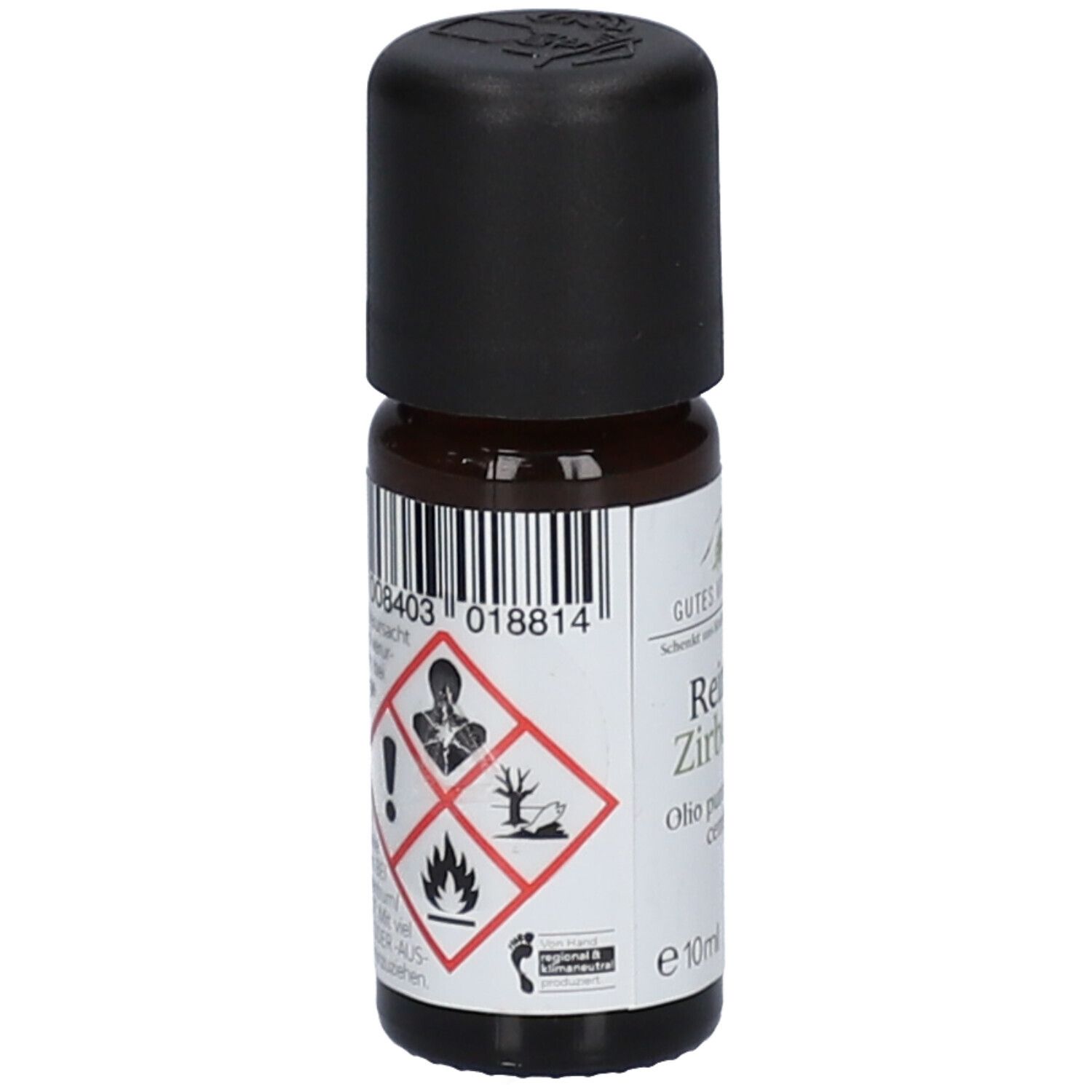 Flacon en verre brun avec bouchon noir. Étiquette avec symboles de danger et code-barres. 10ml.