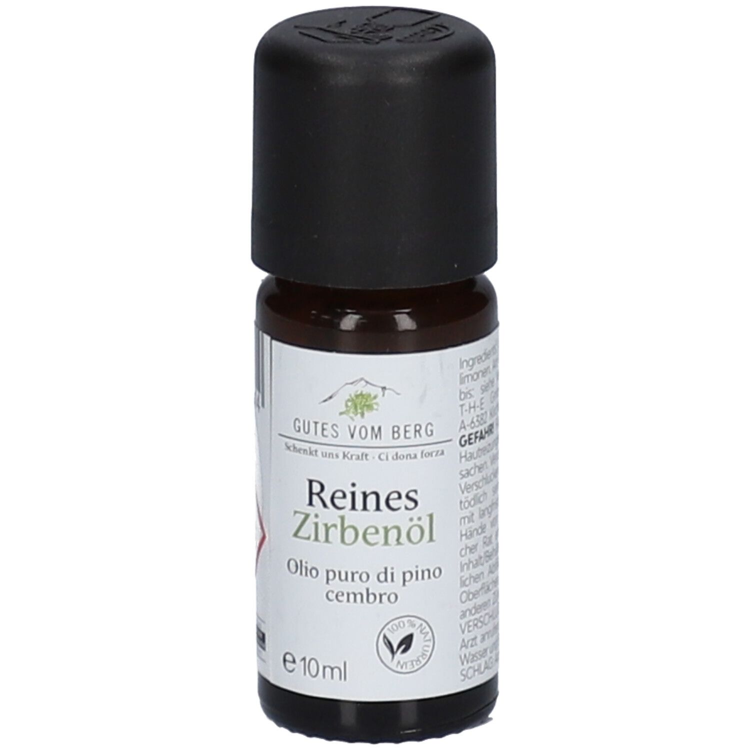 Flacon en verre brun avec bouchon noir. Étiquette avec nom du produit et logo. 10ml.