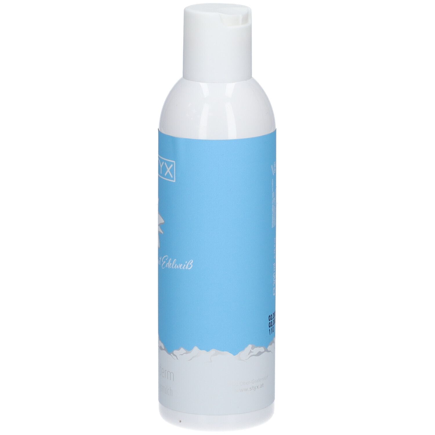 Flacon blanc avec étiquette bleue. Logo STYX, fleur d'edelweiss, texte: mit Edelweiß, alpin derm Reinigungsmilch. Motif montagne.
