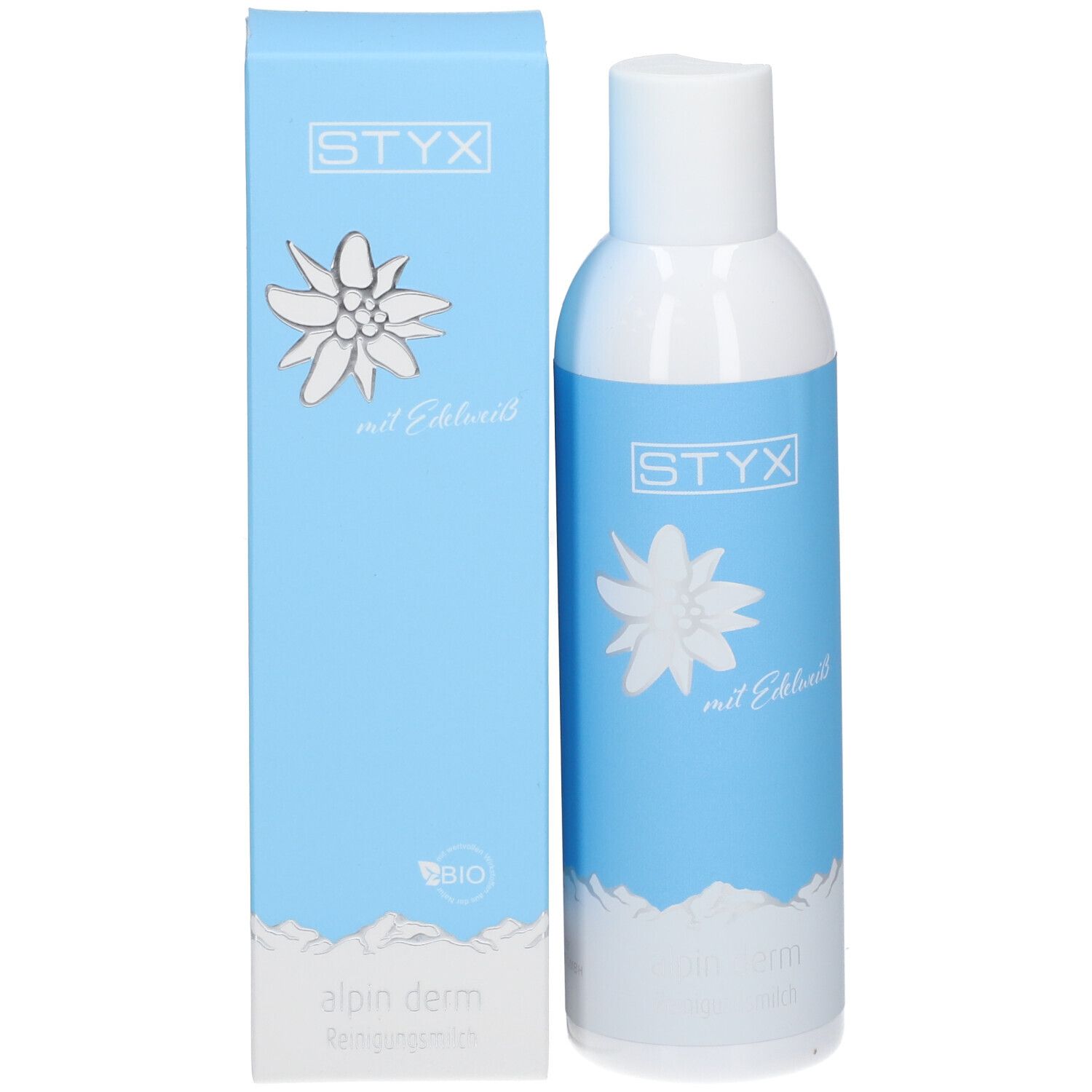 Emballage du produit: flacon et boîte. Flacon: étiquette bleue, logo STYX, edelweiss. Boîte: bleue, logo STYX, edelweiss, texte.