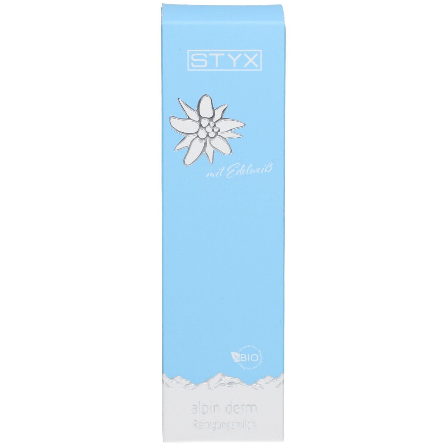 Boîte bleue. Logo STYX, fleur d'edelweiss, texte: mit Edelweiß, alpin derm Reinigungsmilch. Label bio.