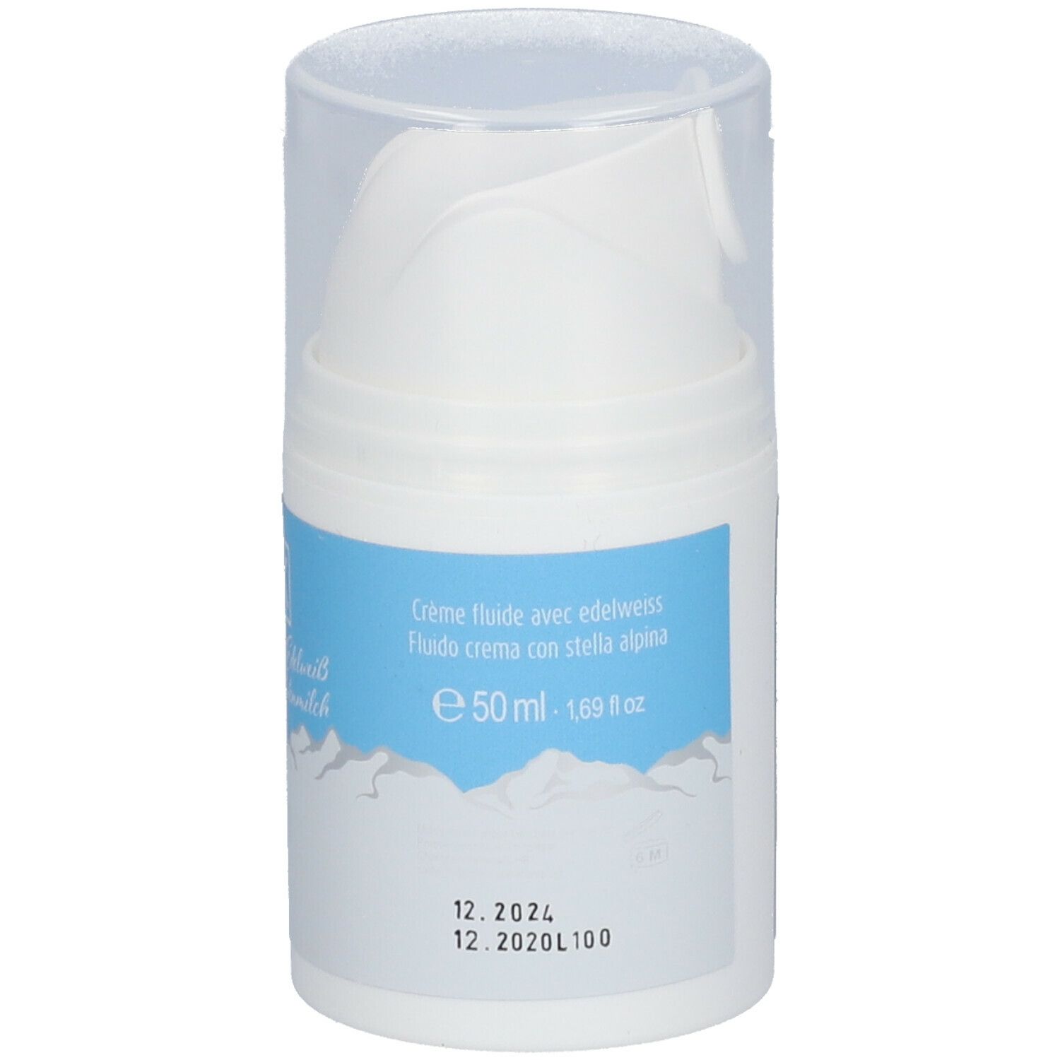 Distributeur blanc avec étiquette bleue. Inscription Creme-Fluid avec Edelweiss. Volume 50 ml. Date de péremption.