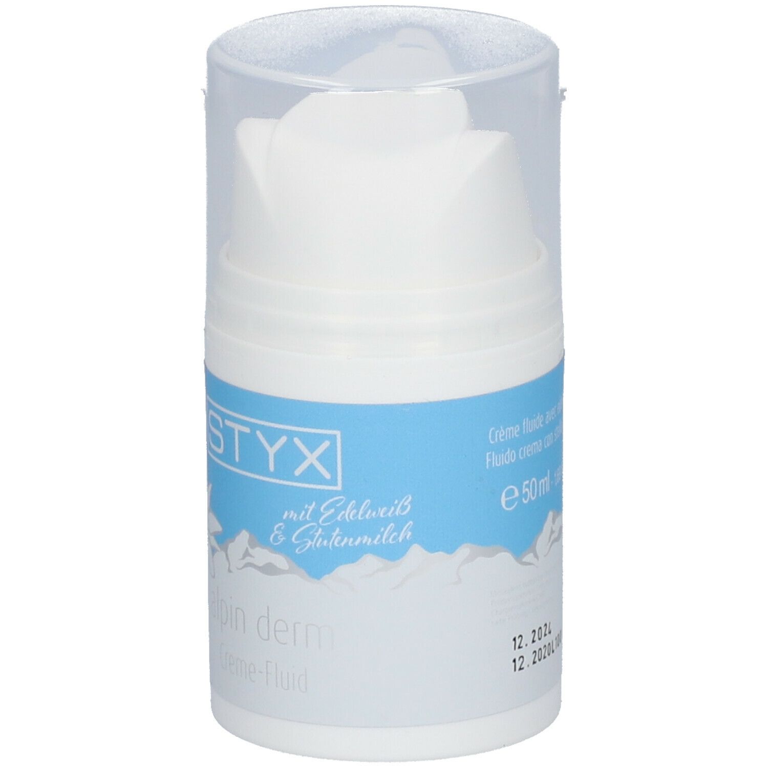 Distributeur blanc avec étiquette bleue. Inscription STYX, fleur des Alpes, alpin derm Creme-Fluid. Avec Edelweiss & Lait de brebis.
