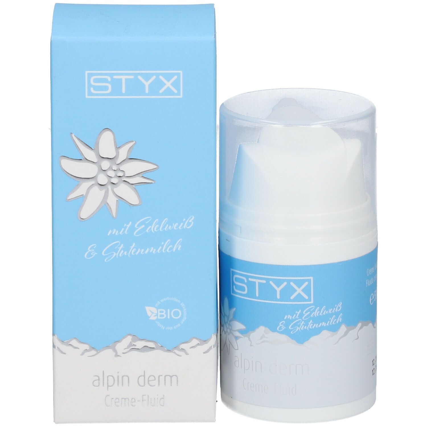 Emballage du produit et distributeur. Boîte bleue avec logo STYX, fleur des Alpes, alpin derm Creme-Fluid. Avec Edelweiss & Lait de brebis.