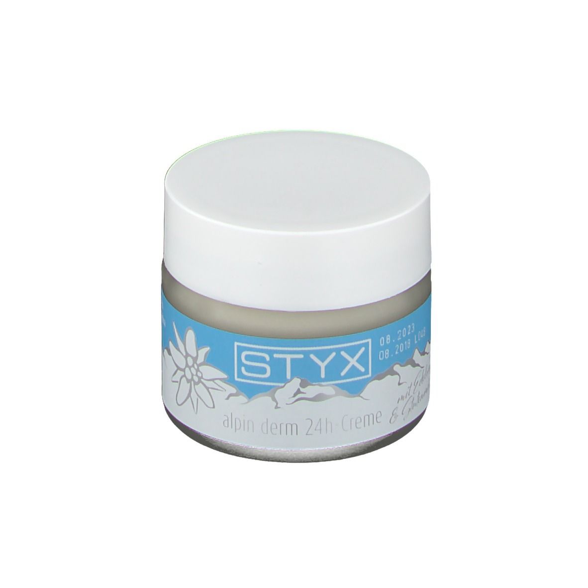 Pot de crème à couvercle blanc. Étiquette bleue: STYX, alpin derm 24h-Creme mit Edelweiss. Récipient en verre.