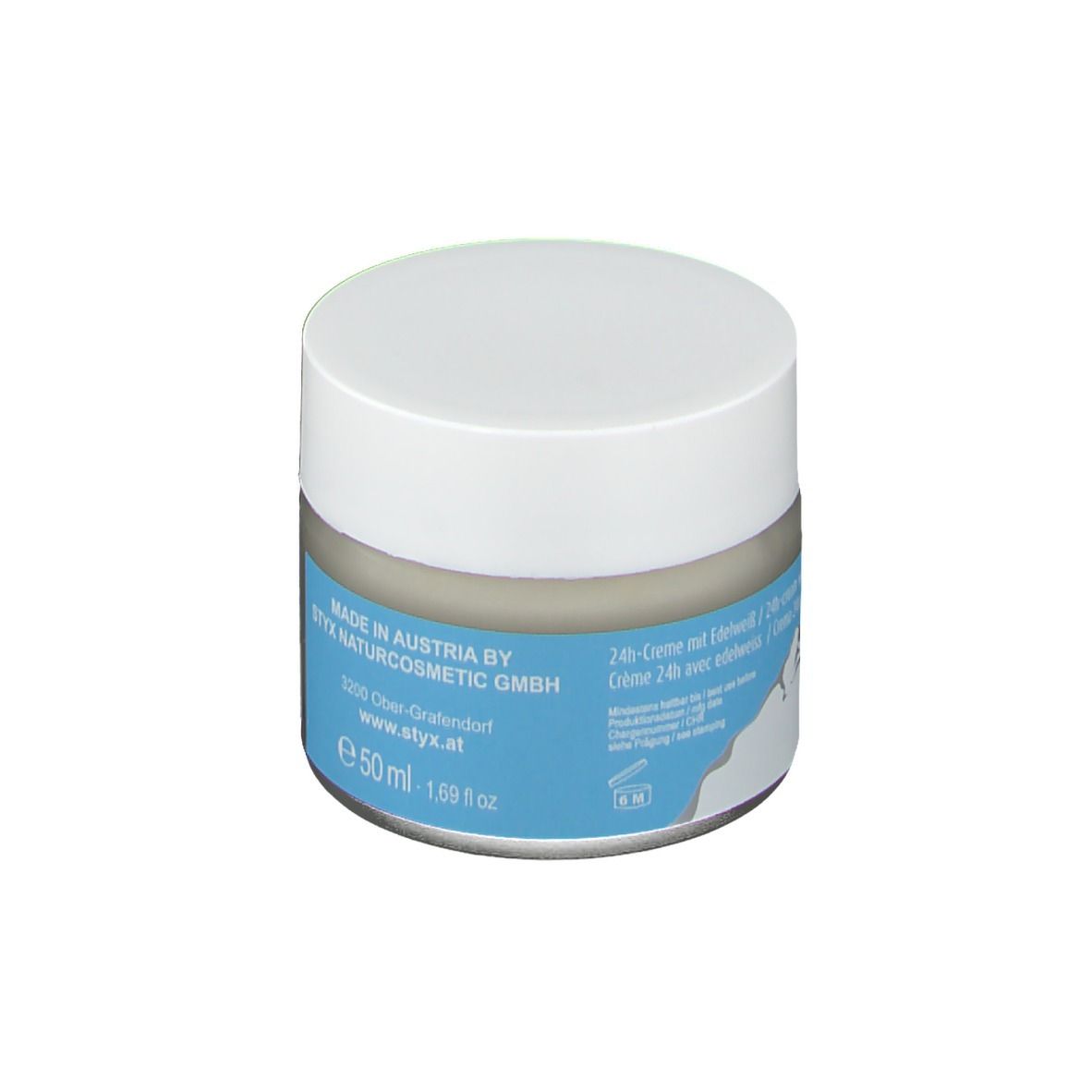 Pot de crème à couvercle blanc. Étiquette bleue: STYX, alpin derm 24h-Creme mit Edelweiss. 50 ml.
