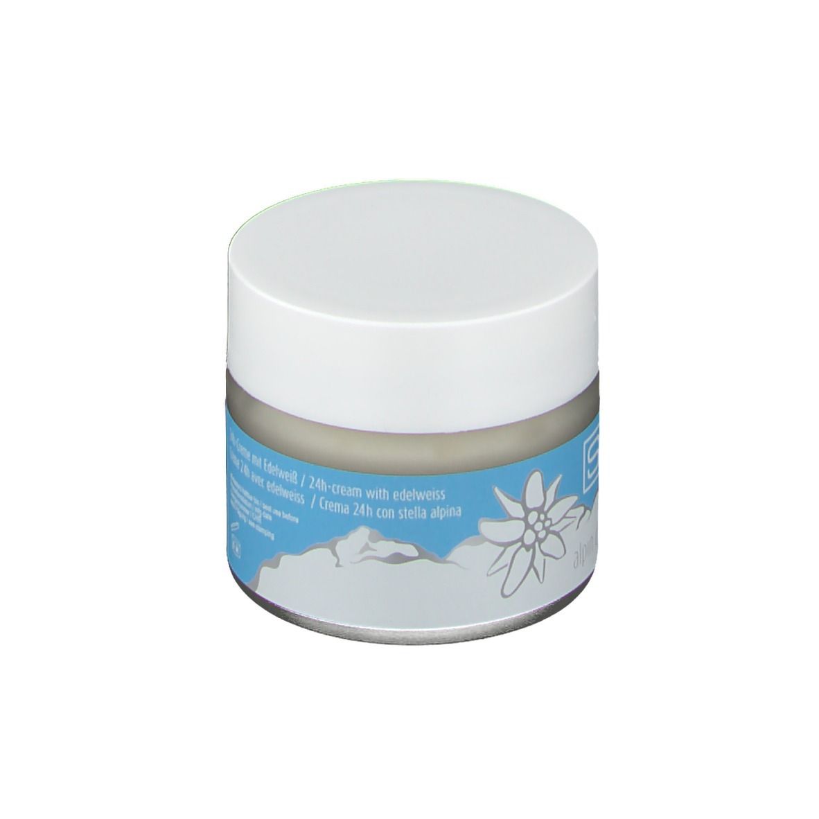 Pot de crème à couvercle blanc. Étiquette bleue: STYX, alpin derm 24h-Creme mit Edelweiss. Logo.