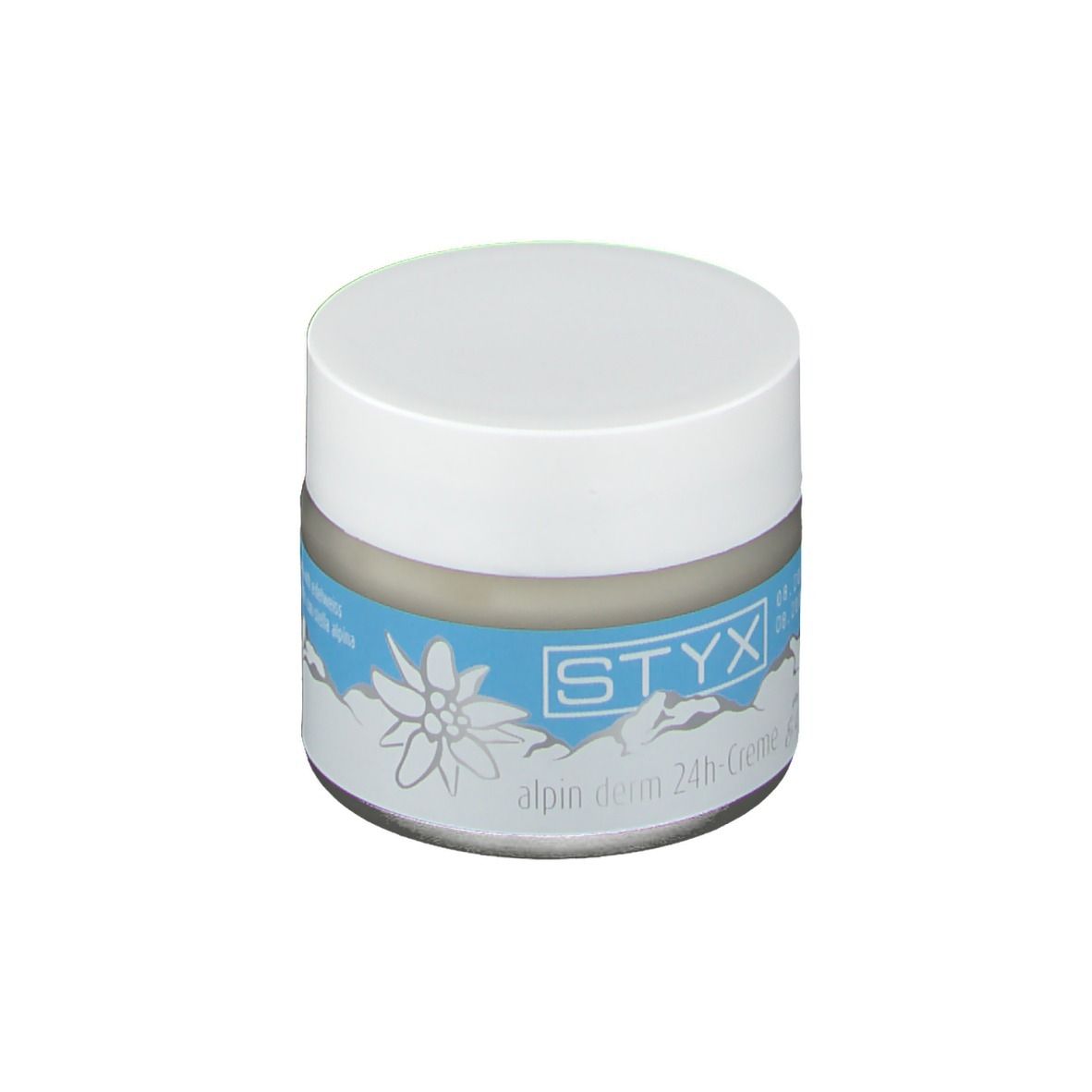 Pot de crème à couvercle blanc. Étiquette bleue: STYX, alpin derm 24h-Creme mit Edelweiss. Logo.