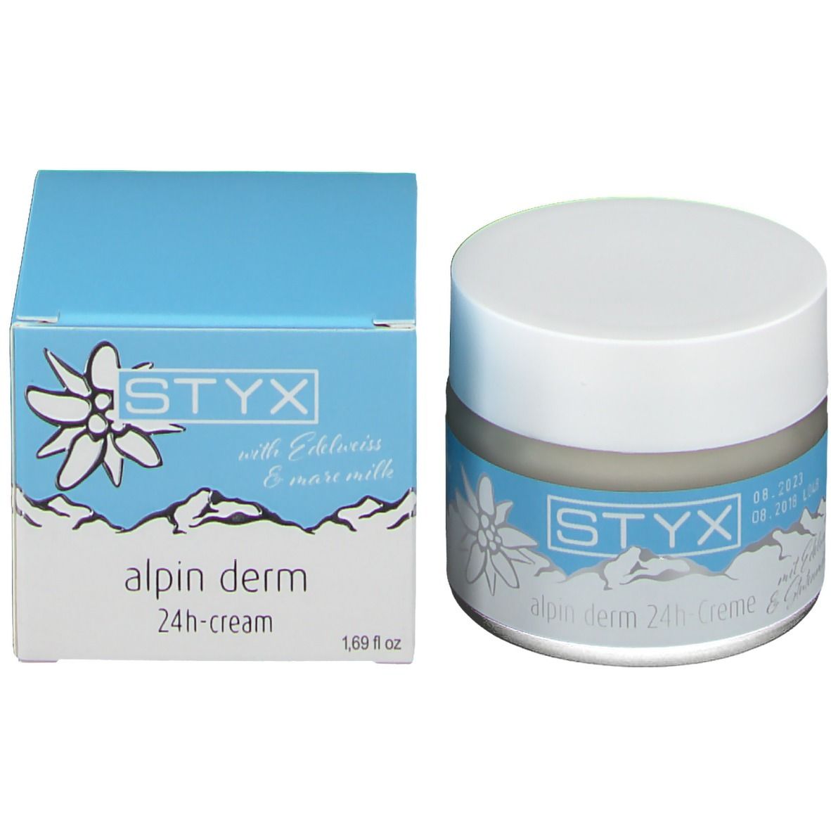 Pot de crème et boîte. Pot: STYX, alpin derm 24h-Creme. Boîte: STYX, alpin derm 24h-cream, 1.69 fl oz.