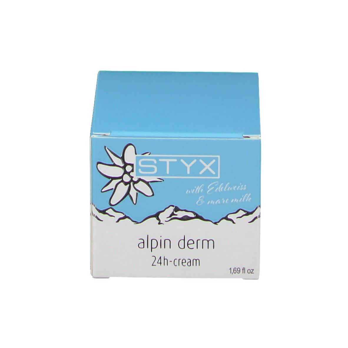 Boîte, bleu et blanc. Inscription: STYX, alpin derm 24h-cream, 1.69 fl oz. Logo.
