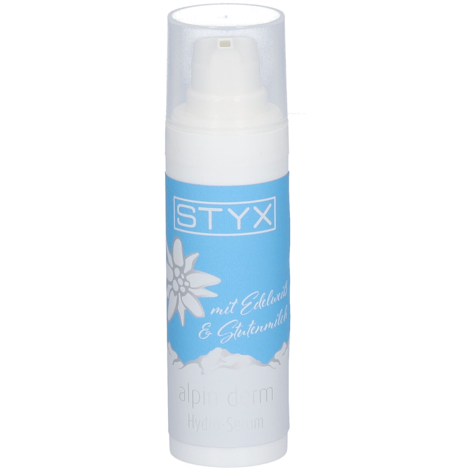 Wit serum met STYX-logo, edelweissbloem en tekst. Blauwe band. Transparante dop.