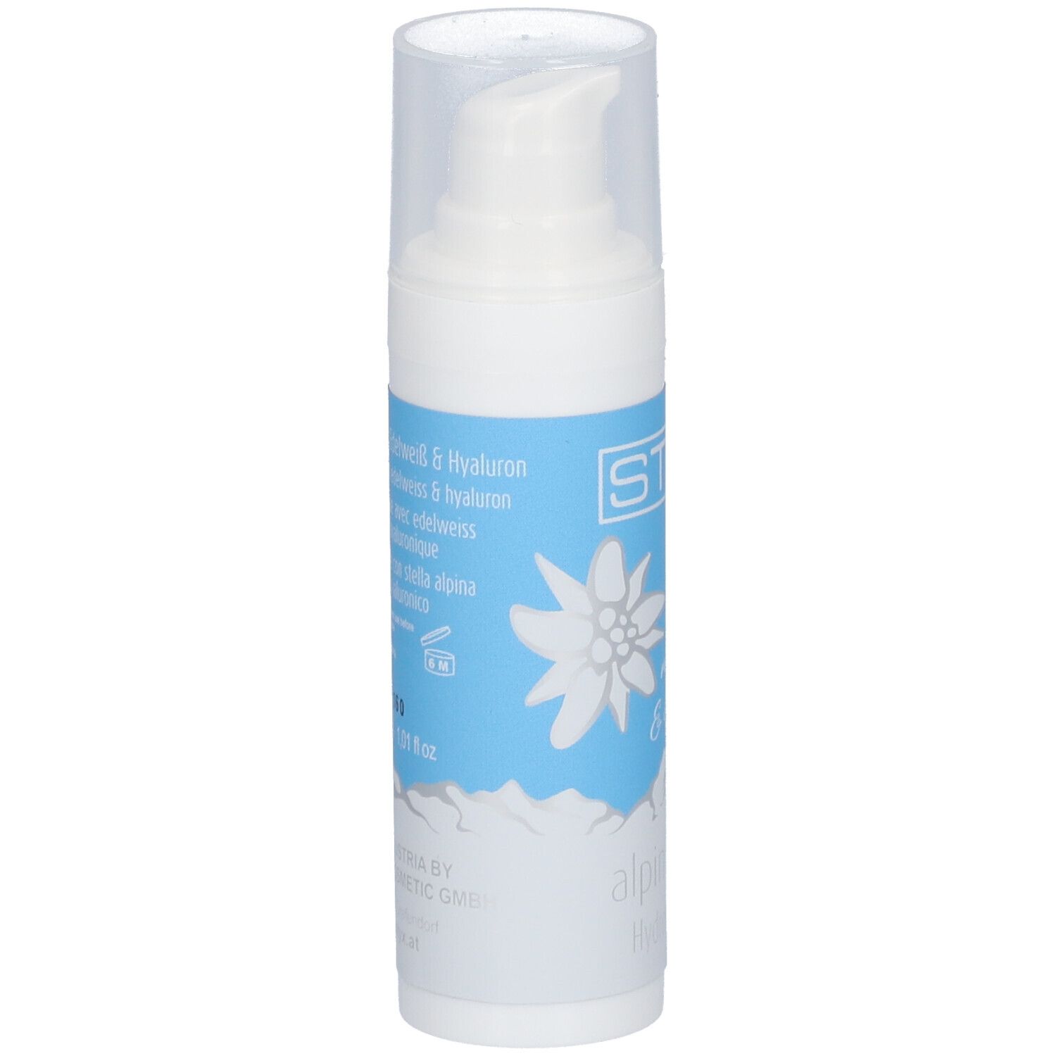 Wit serum met STYX-logo, edelweissbloem en tekst. Blauwe band. Transparante dop.