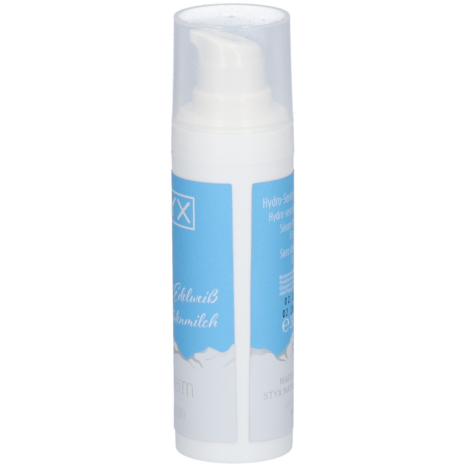 Wit serum met STYX-logo, edelweissbloem en tekst. Blauwe band. Transparante dop.