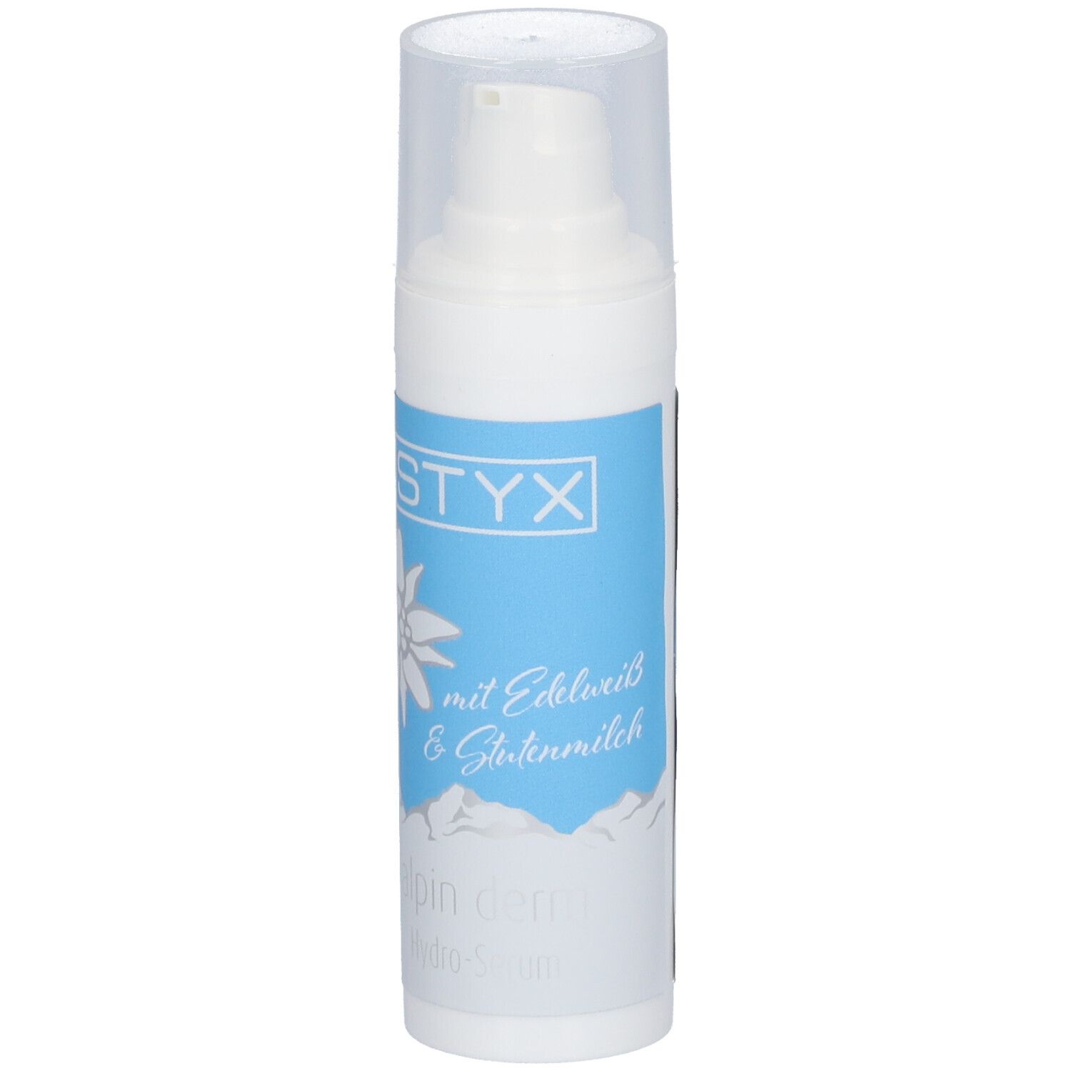 Wit serum met STYX-logo, edelweissbloem en tekst. Blauwe band. Transparante dop.
